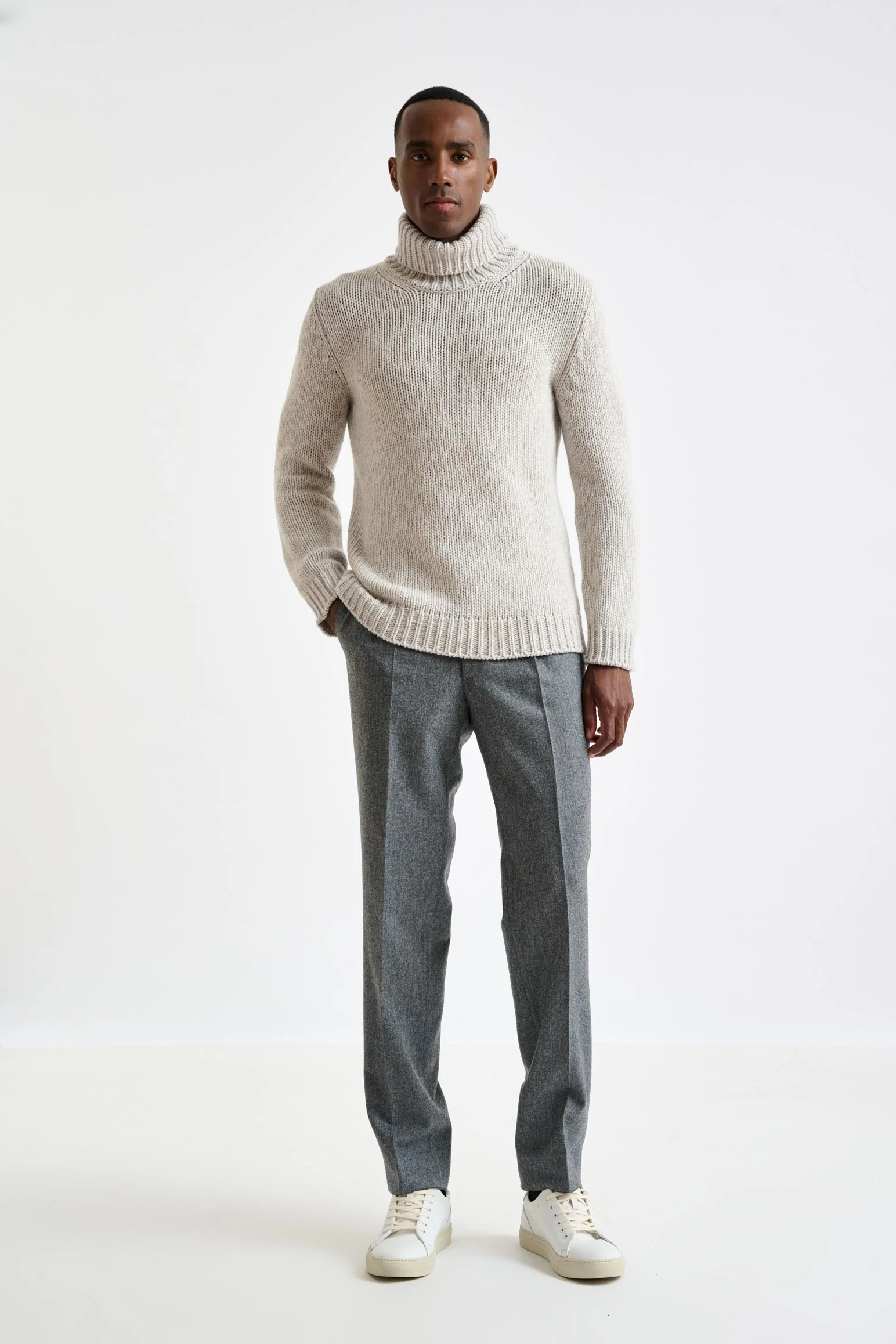 Beige Melange Chunky Wool & Cashmere Mouline Banbury Rollneck Sweater - Image 2