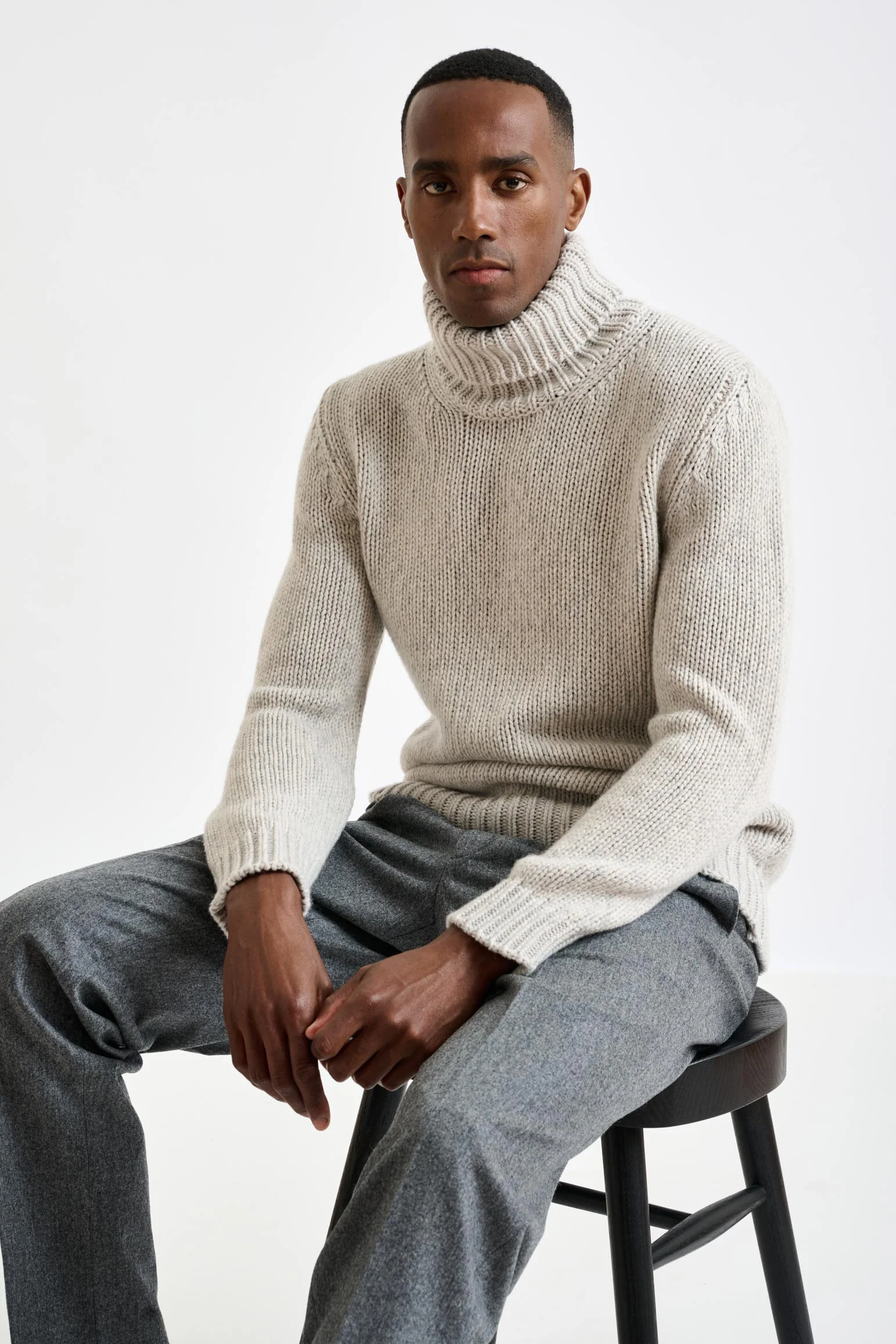 Beige Melange Chunky Wool & Cashmere Mouline Banbury Rollneck Sweater - Image 5