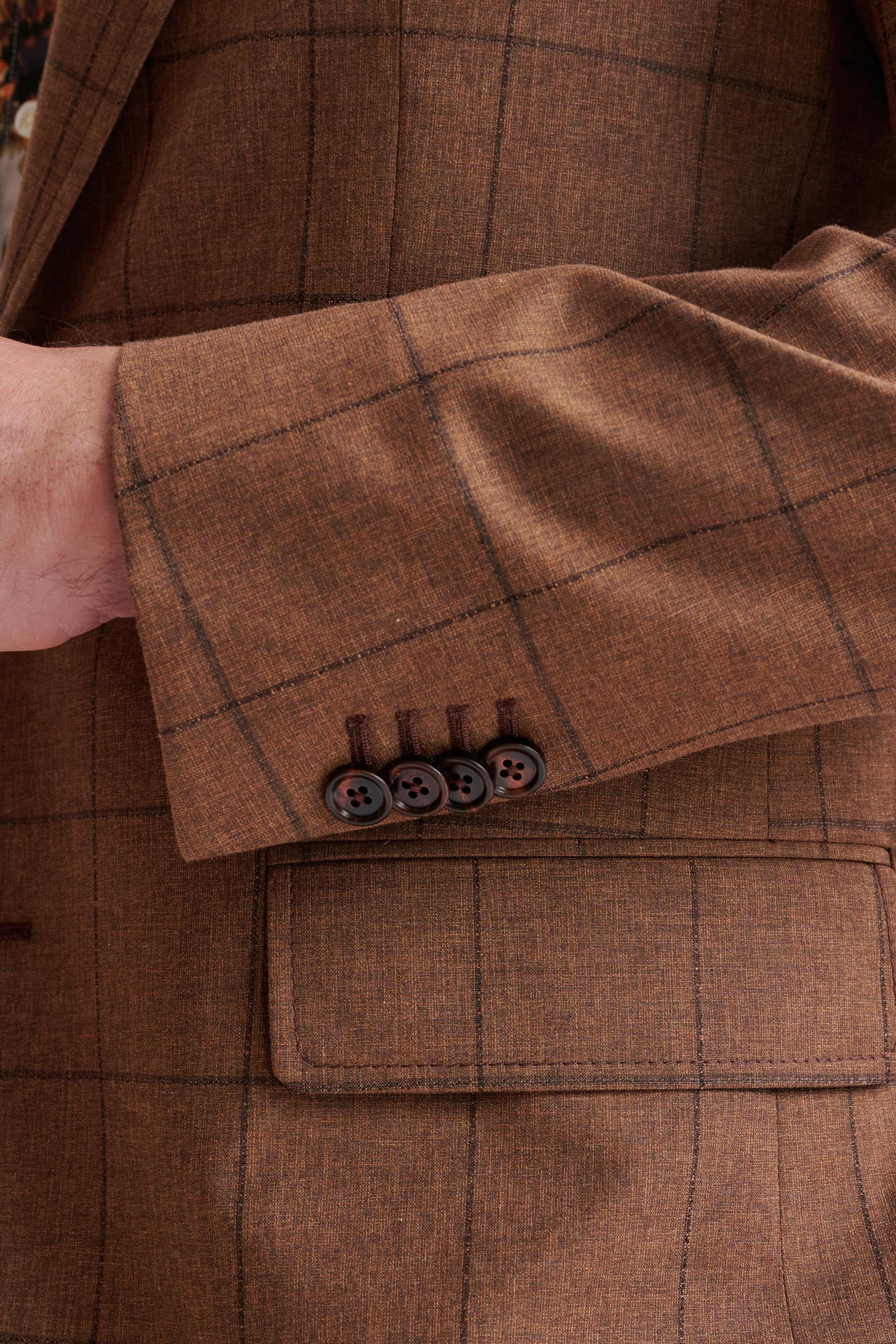 Brown Check Wool & Cotton Silk Kenton Suit Lifestyle - Image 2
