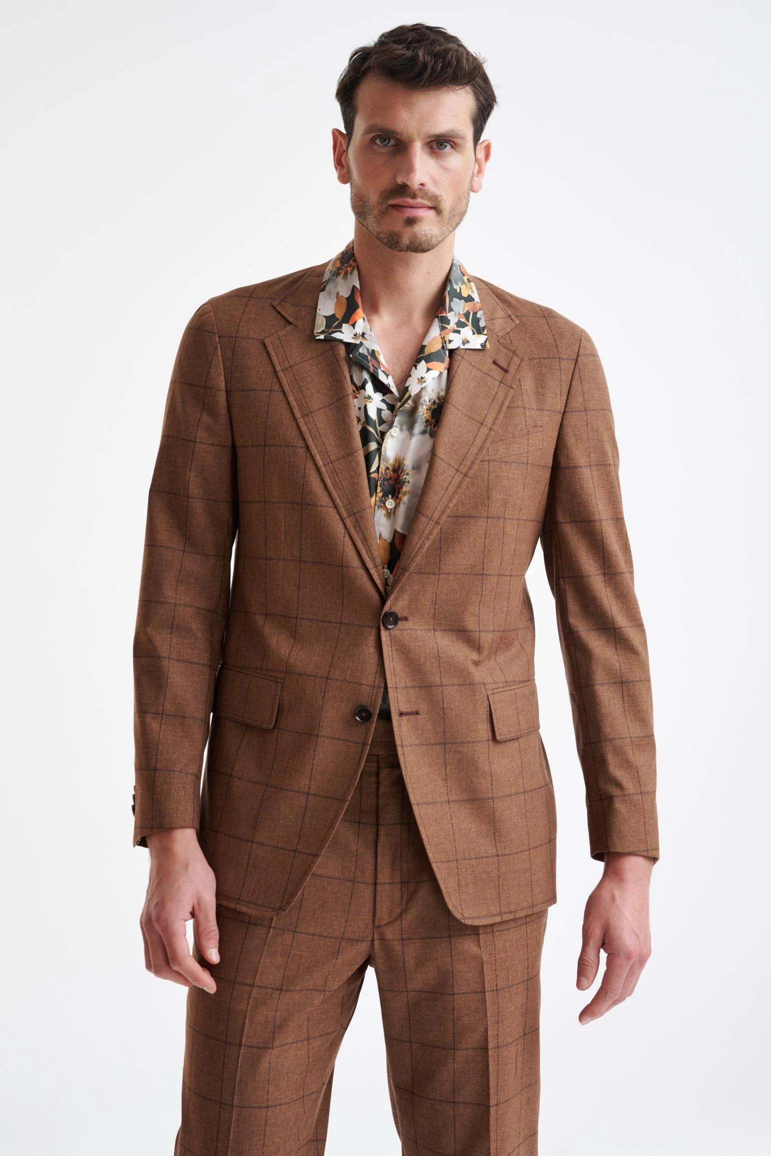 Brown Check Wool & Cotton Silk Kenton Suit Lifestyle - Image 6