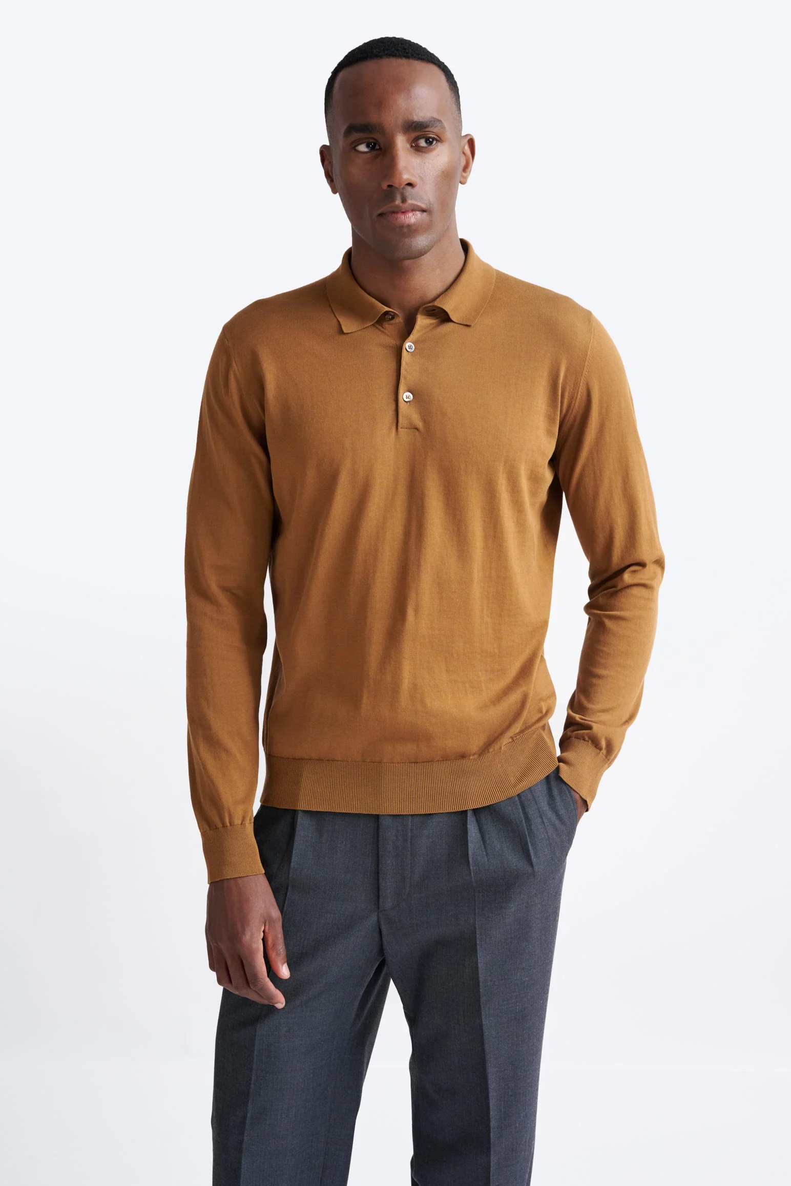 Brown Cotton Harwich Long Sleeve Knitted Polo