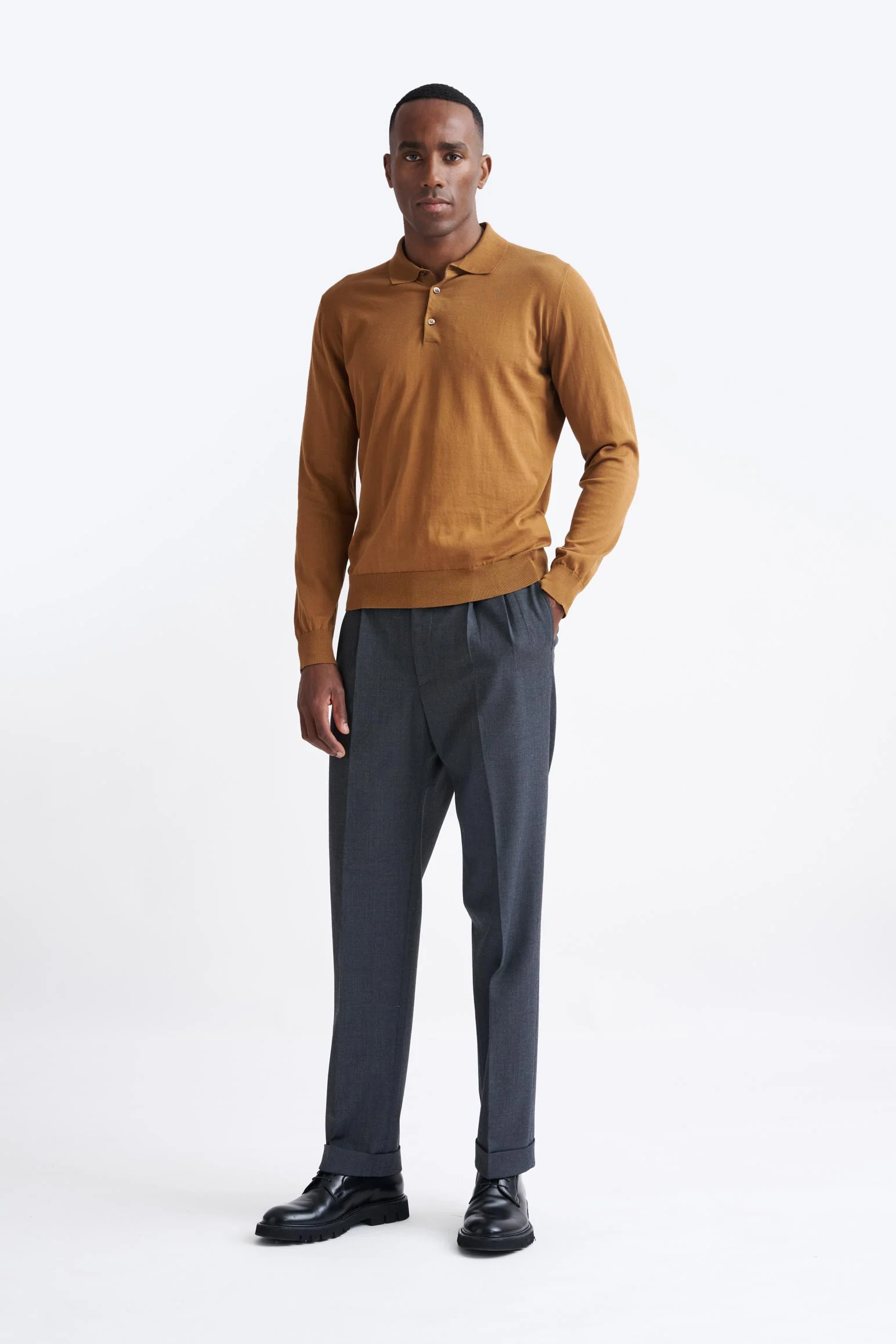 Brown Cotton Harwich Long Sleeve Knitted Polo - Image 2