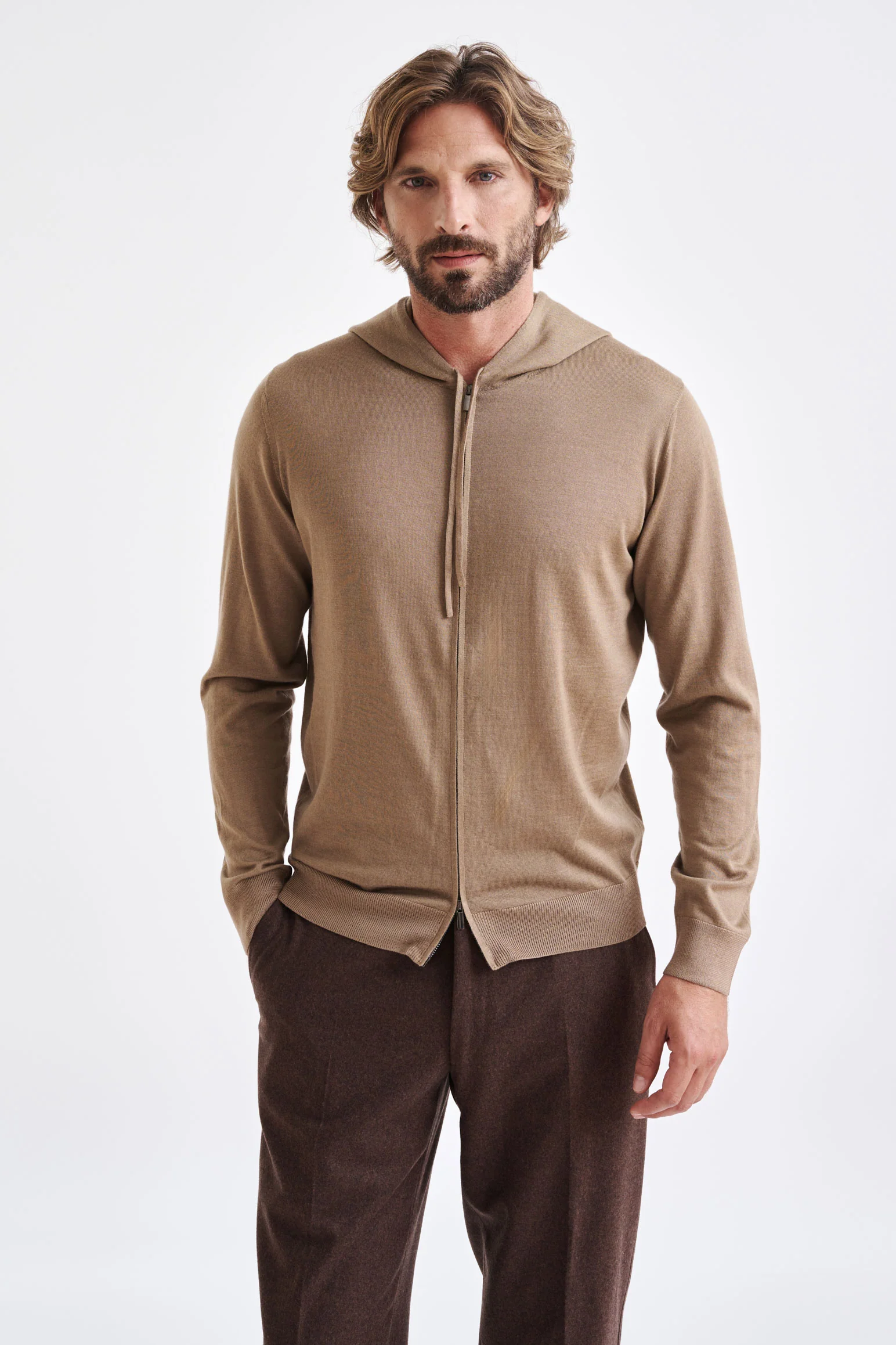 Camel Cashmere Merino Silk Blend Goole Zipped Hoodie Knit