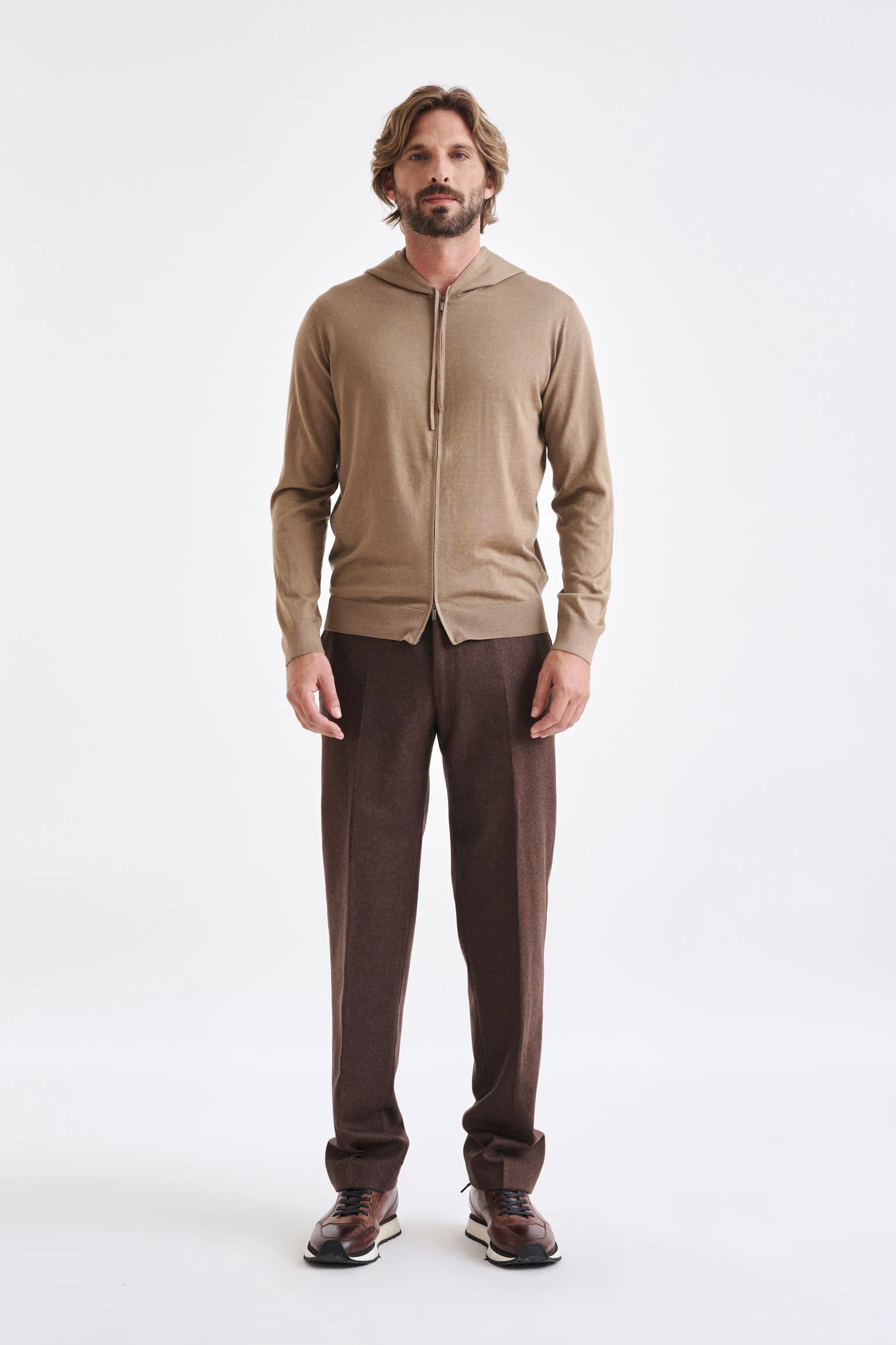 Camel Cashmere Merino Silk Blend Goole Zipped Hoodie Knit - Image 2