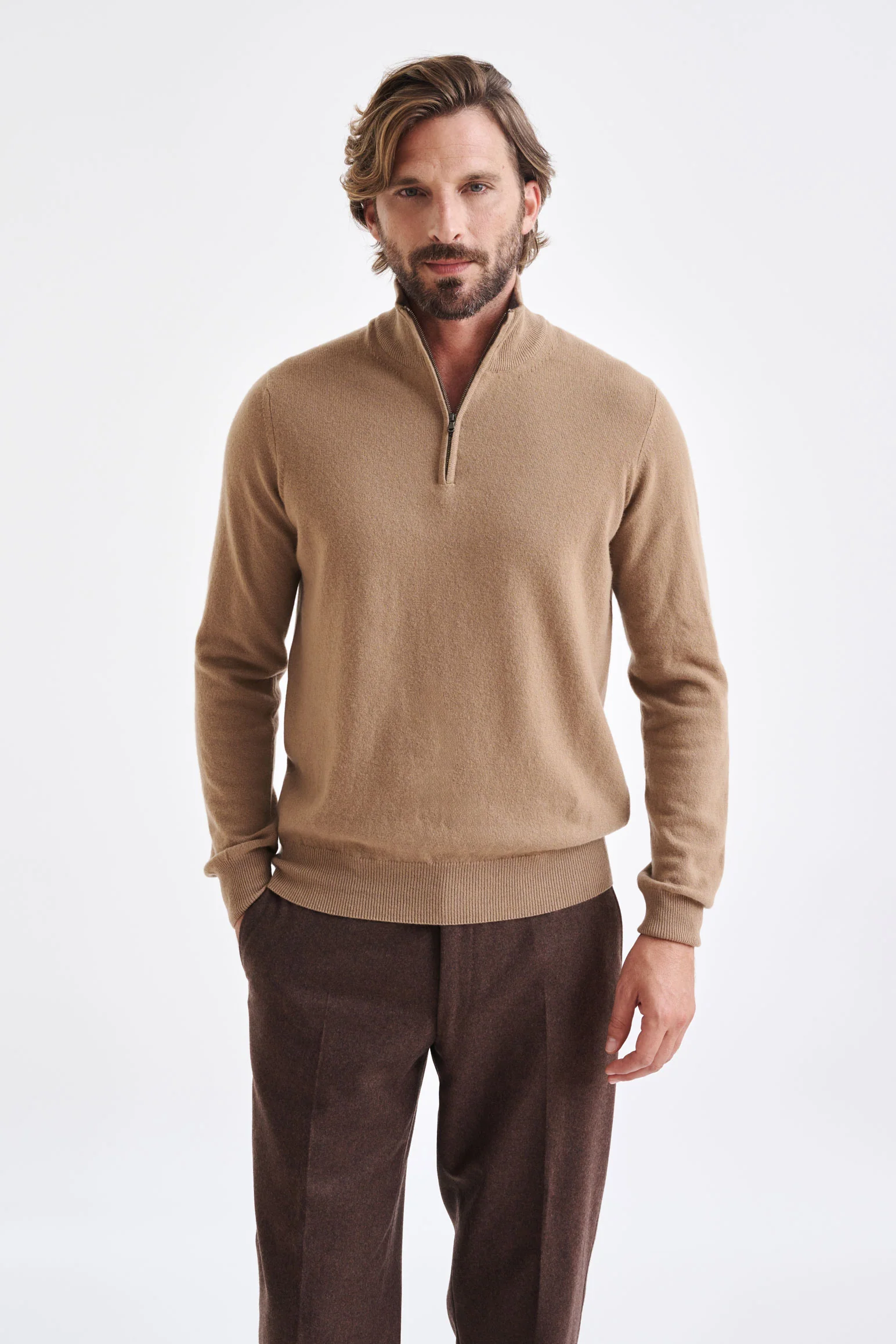 Camel Wool & Cashmere Plockton Zipped Mock Neck Sweater
