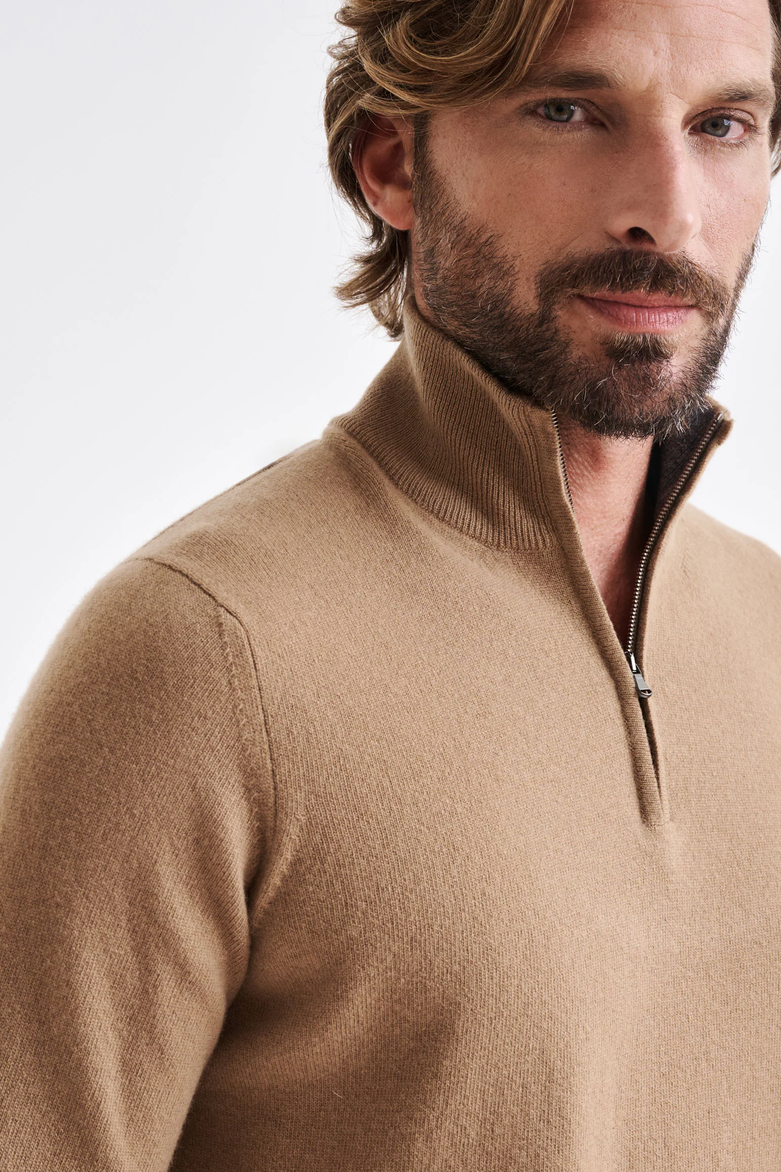 Camel Wool & Cashmere Plockton Zipped Mock Neck Sweater - Image 2