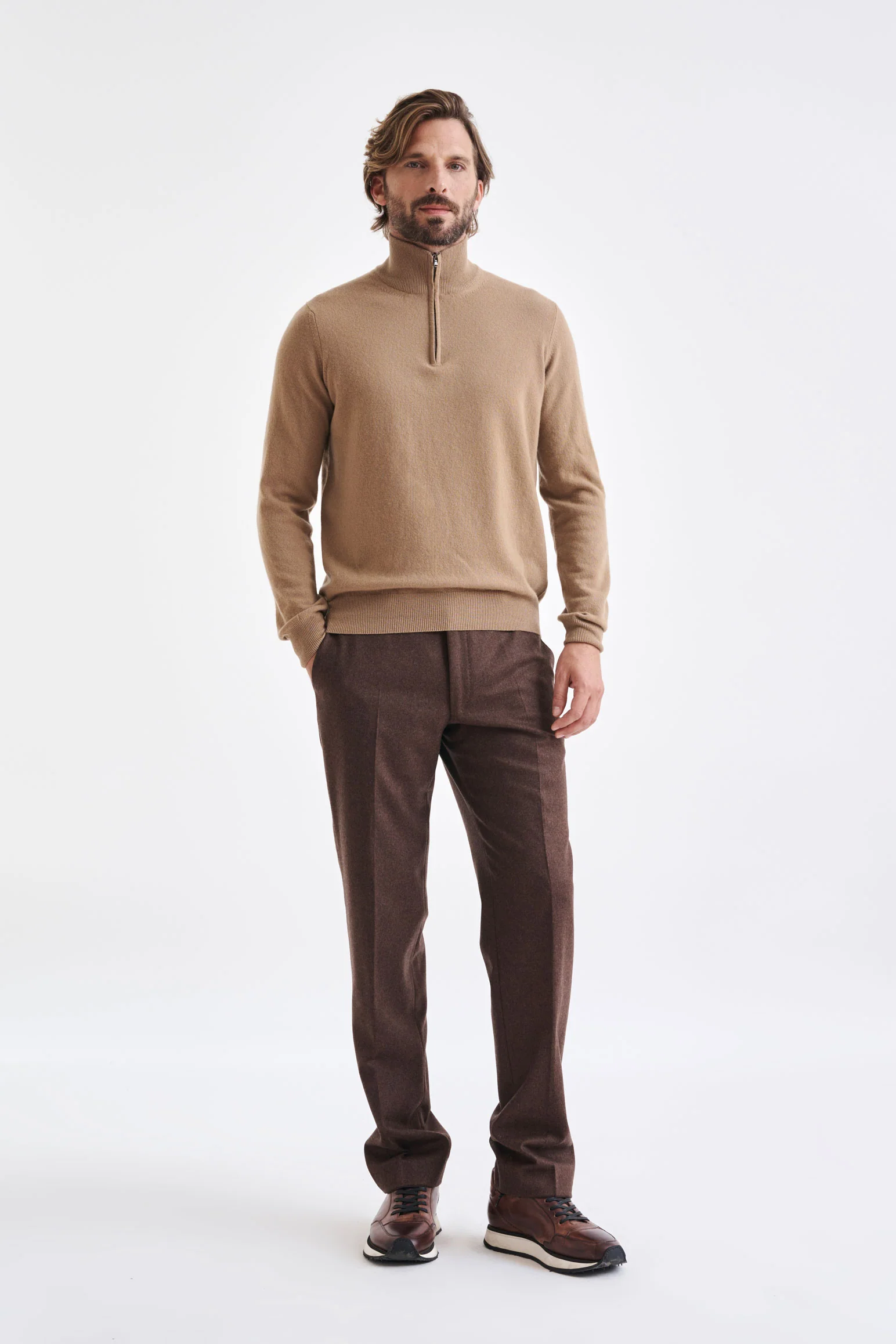 Camel Wool & Cashmere Plockton Zipped Mock Neck Sweater - Image 3