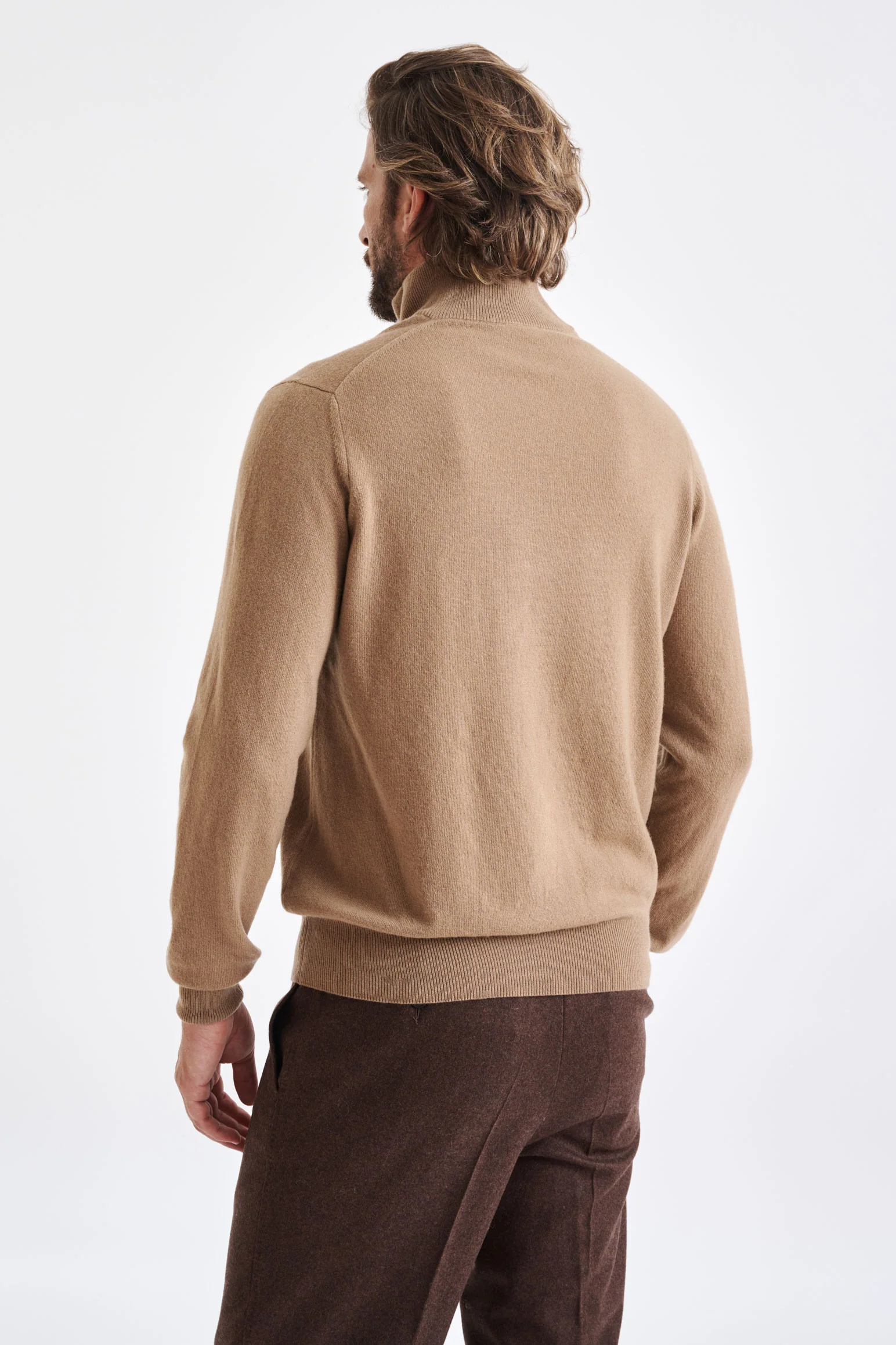 Camel Wool & Cashmere Plockton Zipped Mock Neck Sweater - Image 4
