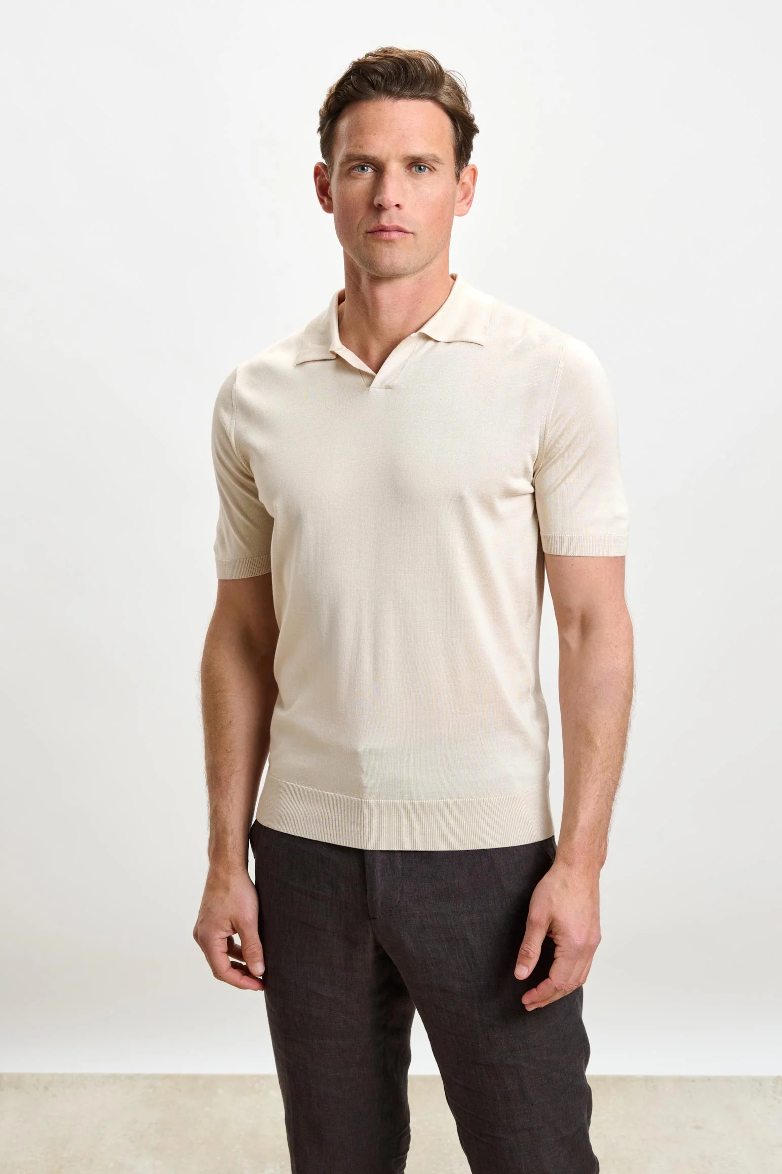 Beige Silk Knitted Short Sleeve Open Collar Cawdor Polo Shirt