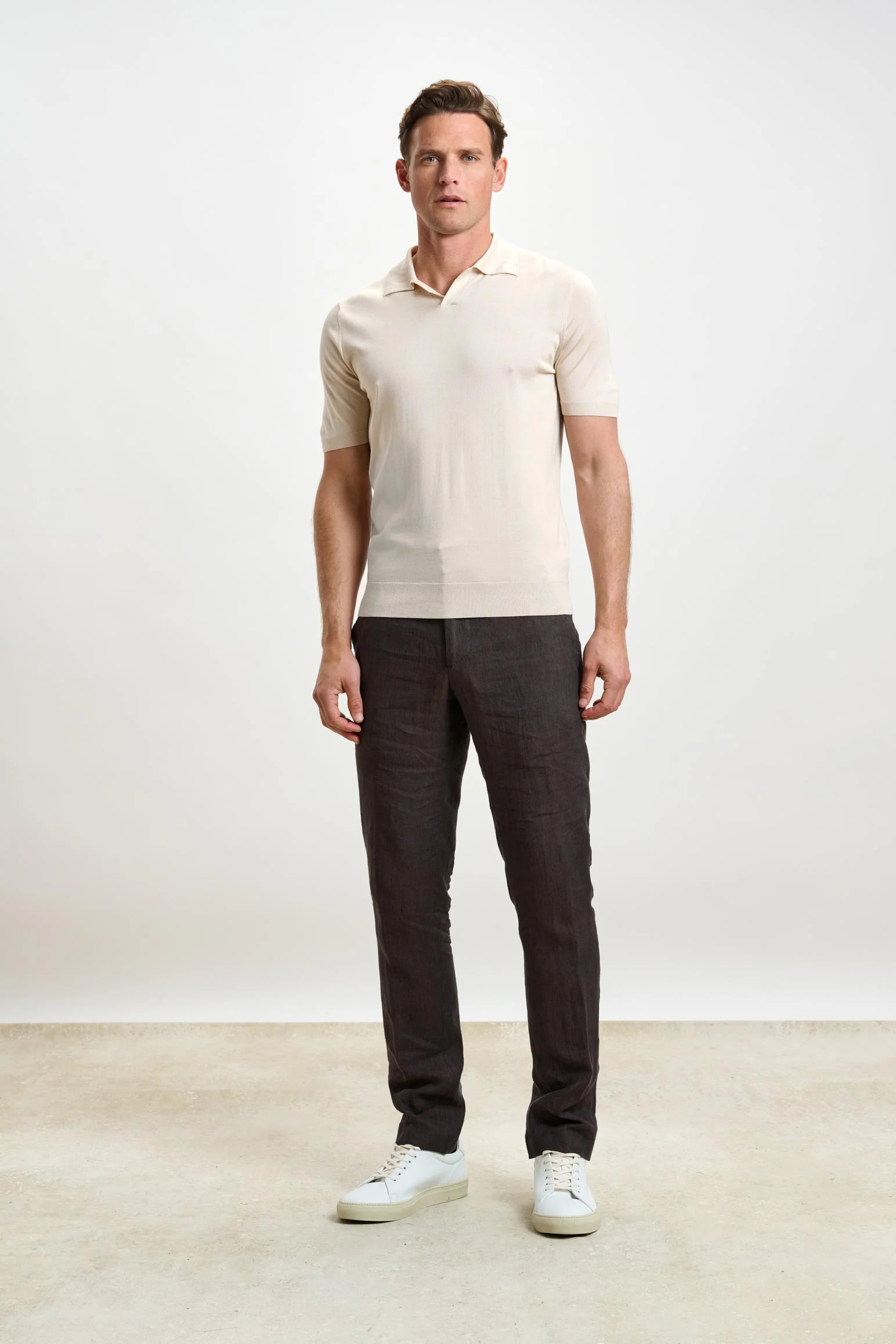 Beige Silk Knitted Short Sleeve Open Collar Cawdor Polo Shirt - Image 2