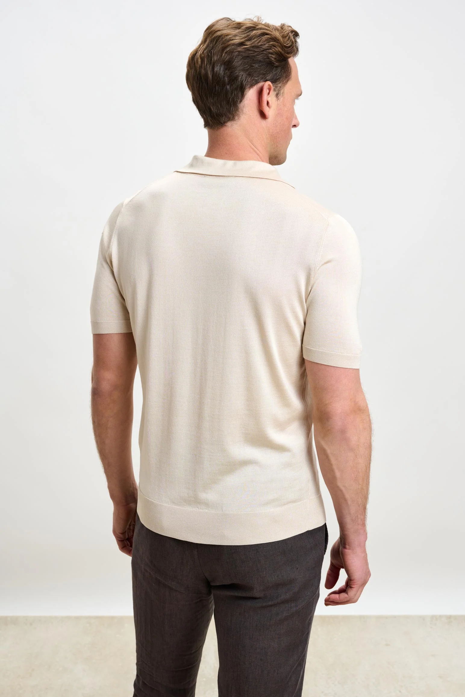 Beige Silk Knitted Short Sleeve Open Collar Cawdor Polo Shirt - Image 3