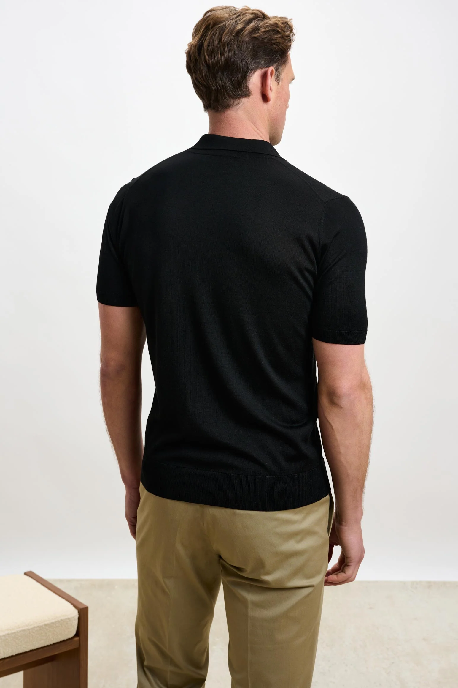 Black Silk Knitted Short Sleeve Open Collar Cawdor Polo Shirt - Image 4