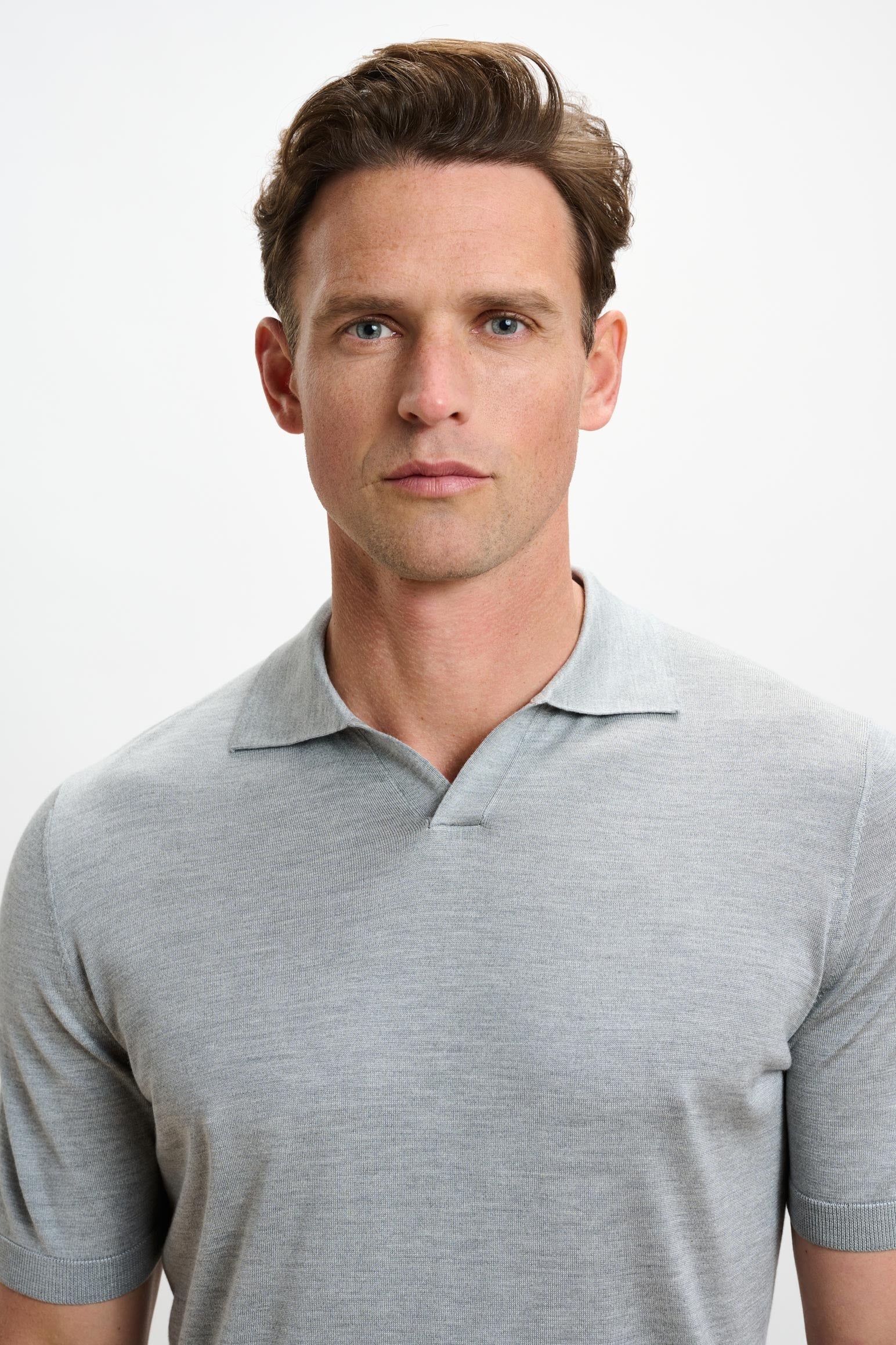 Grey Silk Knitted Short Sleeve Open Collar Cawdor Polo Shirt - Image 3
