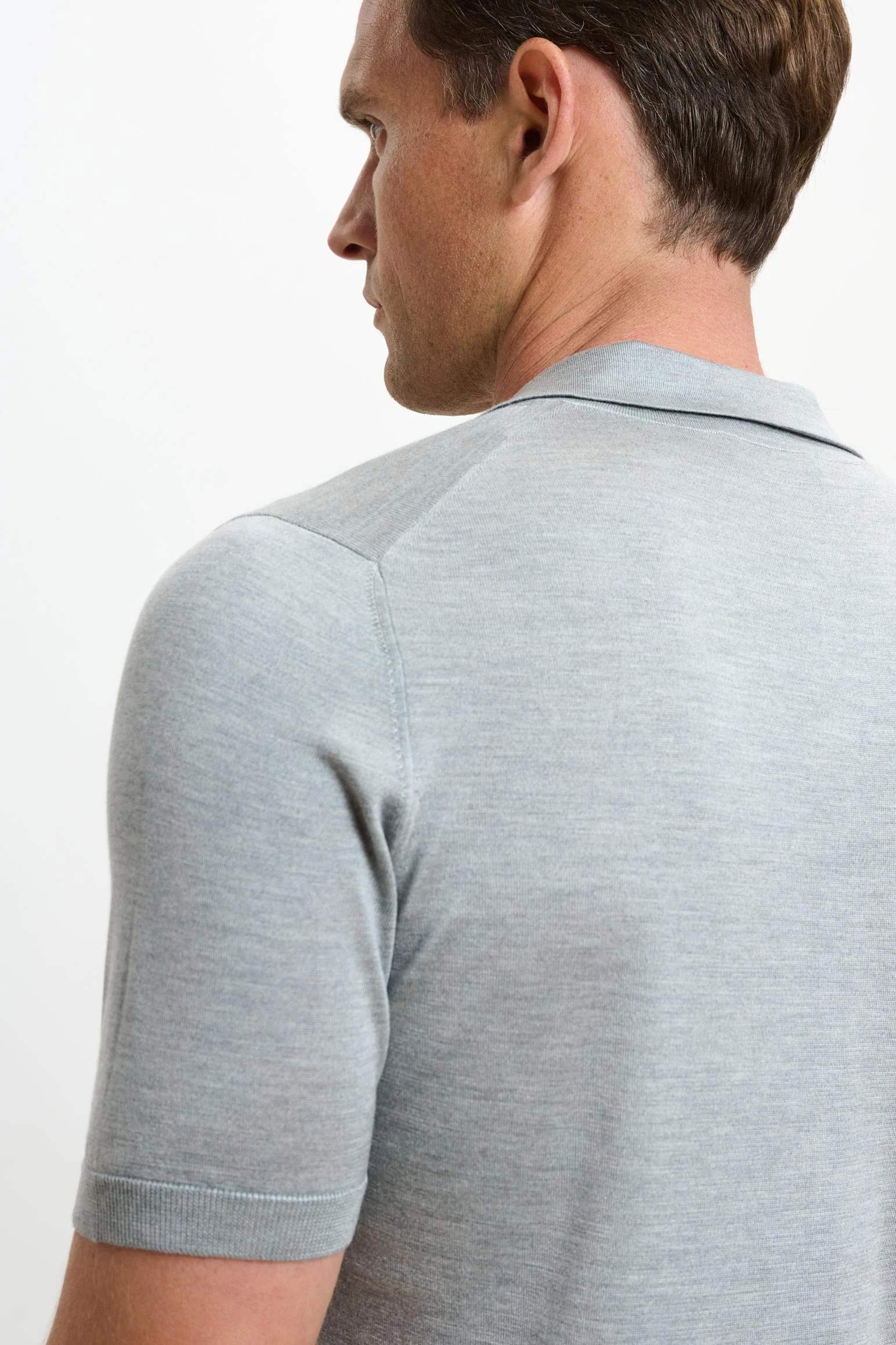 Grey Silk Knitted Short Sleeve Open Collar Cawdor Polo Shirt - Image 5