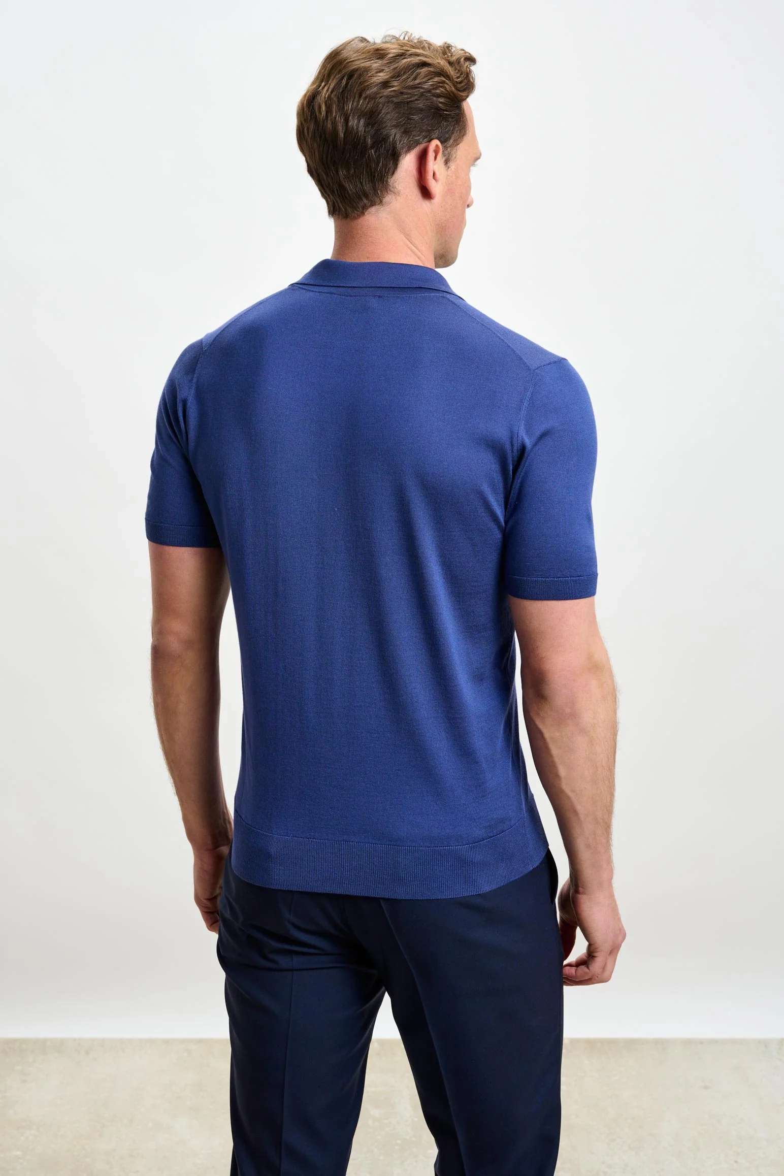Medium Blue Silk Knitted Short Sleeve Open Collar Cawdor Polo Shirt - Image 4