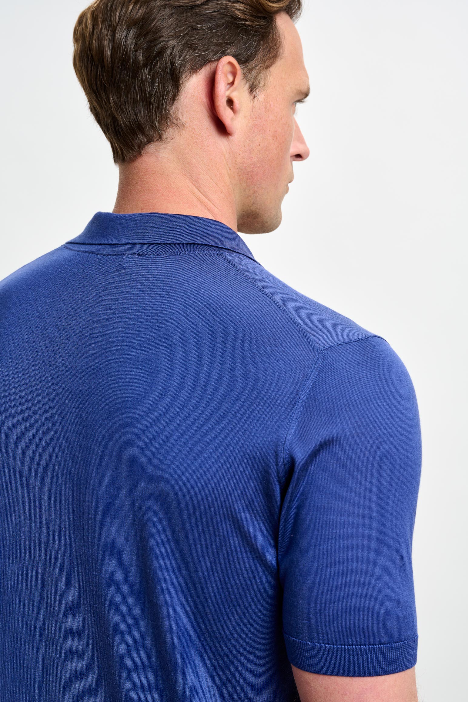Medium Blue Silk Knitted Short Sleeve Open Collar Cawdor Polo Shirt - Image 5