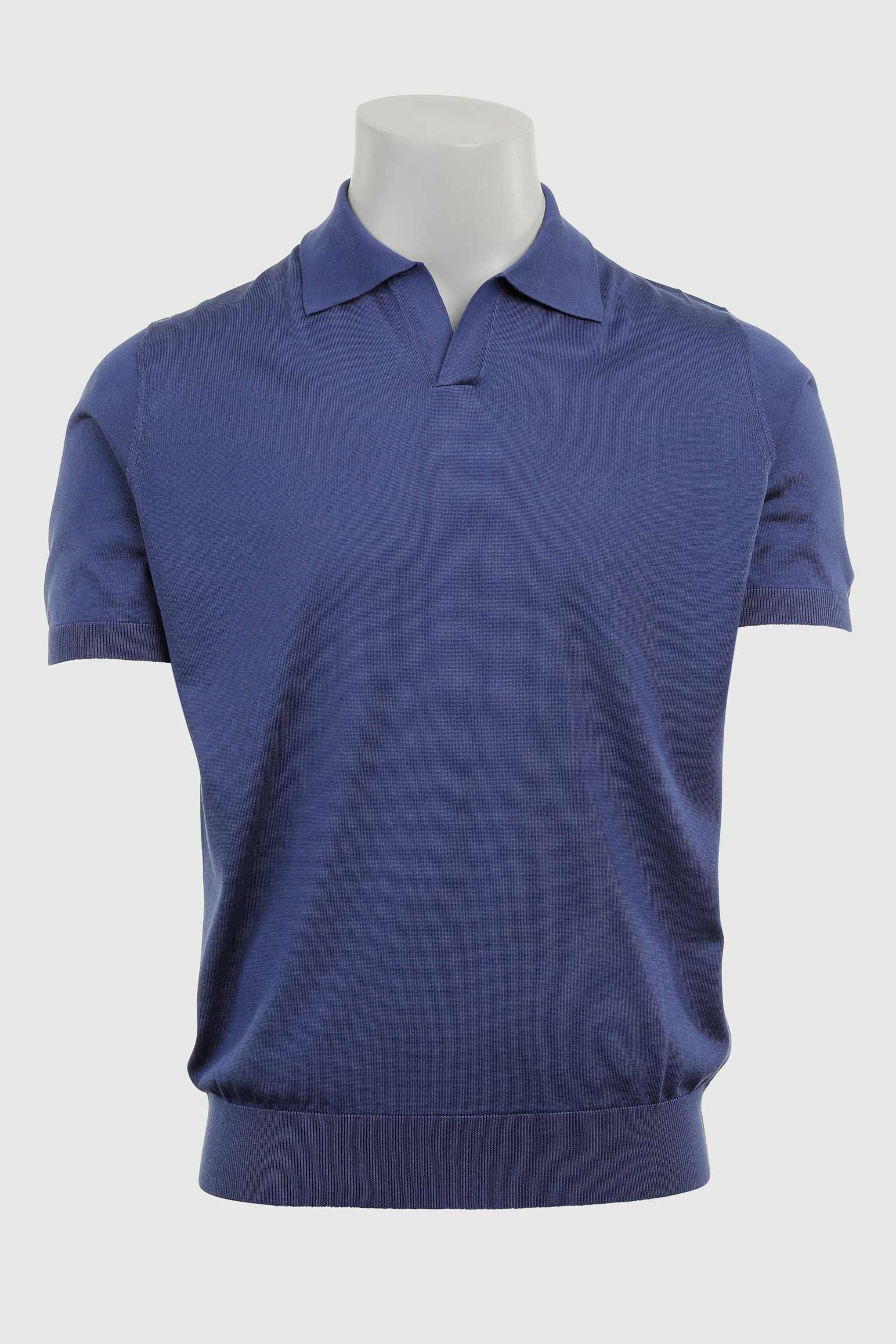 Medium Blue Silk Knitted Short Sleeve Open Collar Cawdor Polo Shirt - Image 6