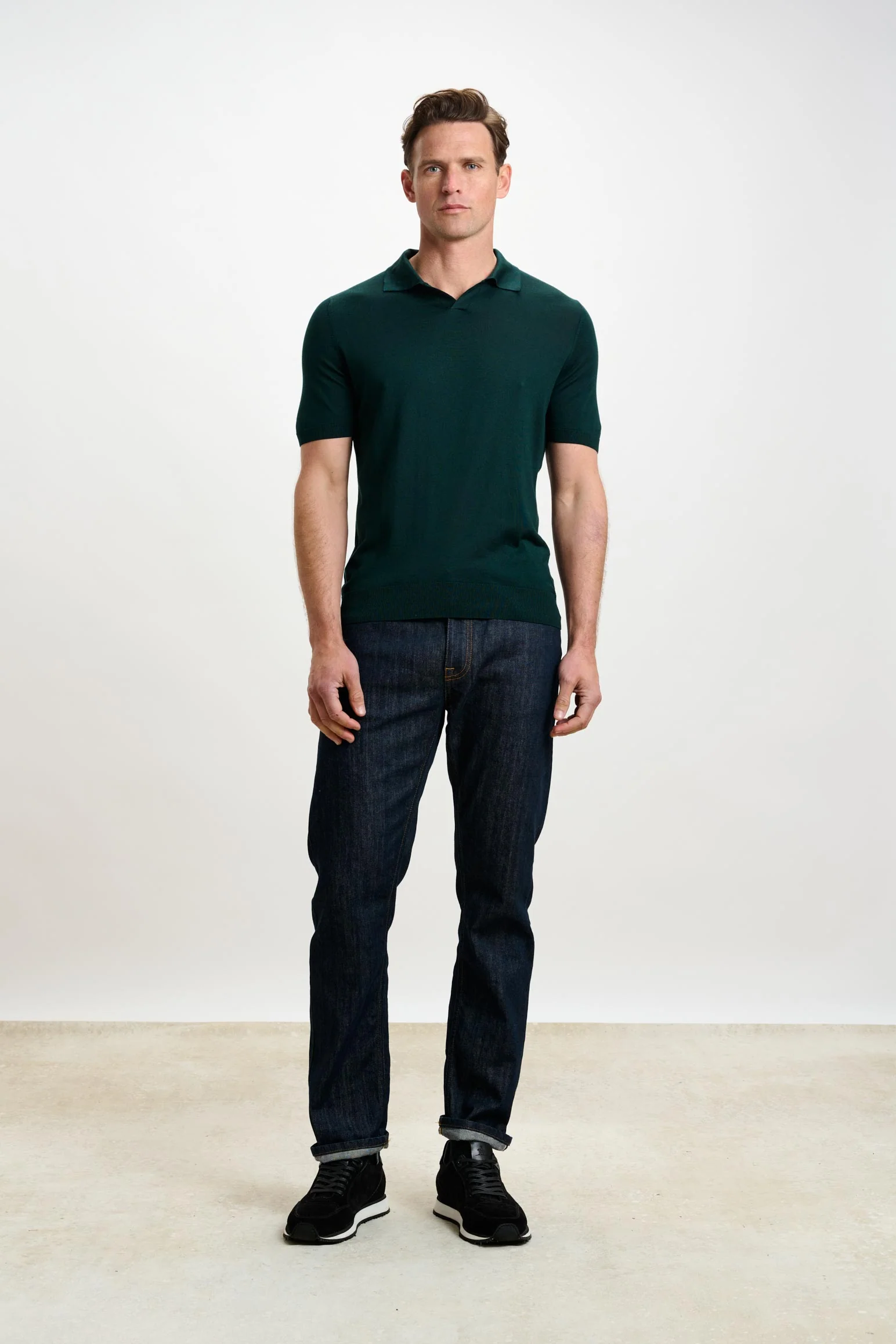 Petrol Green Silk Knitted Short Sleeve Open Collar Cawdor Polo Shirt - Image 5
