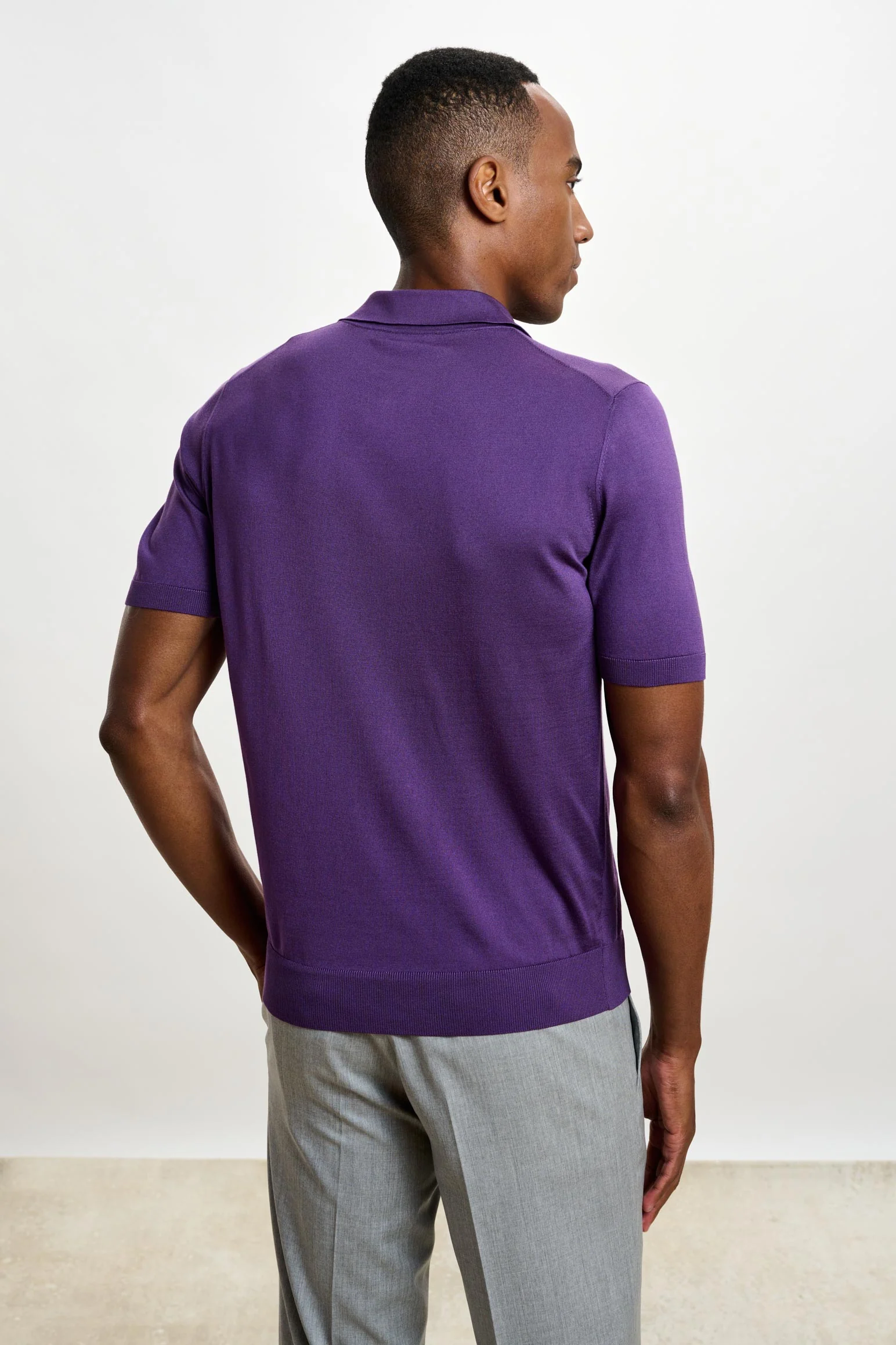 Violet Silk Knitted Short Sleeve Open Collar Cawdor Polo Shirt - Image 3