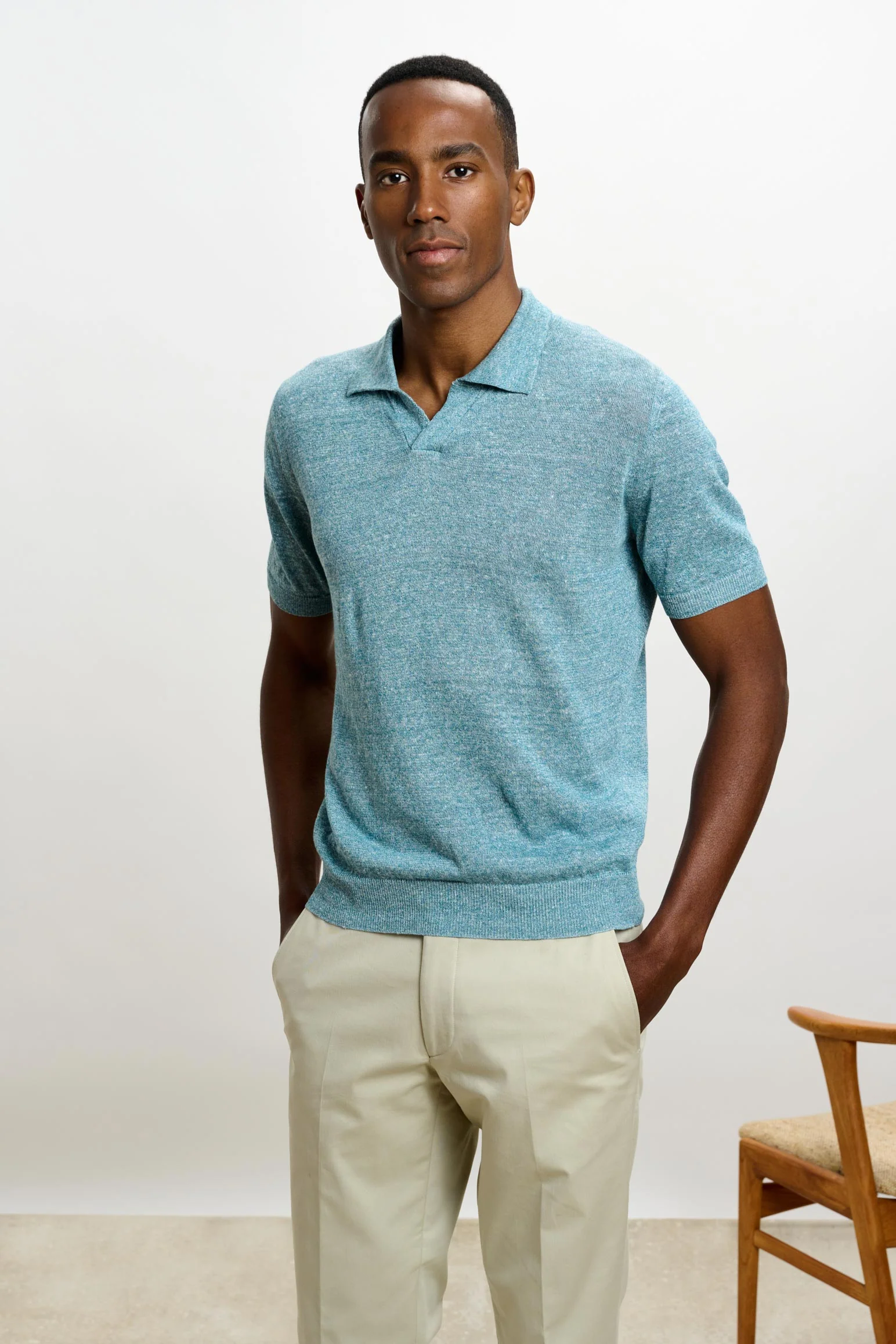 Turquoise Blue Silk Knitted Short Sleeve Open Collar Cawdor Polo Shirt