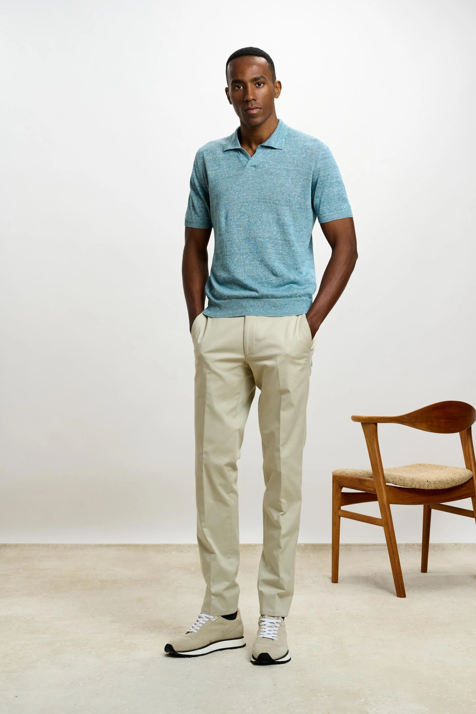 Turquoise Blue Silk Knitted Short Sleeve Open Collar Cawdor Polo Shirt - Image 2