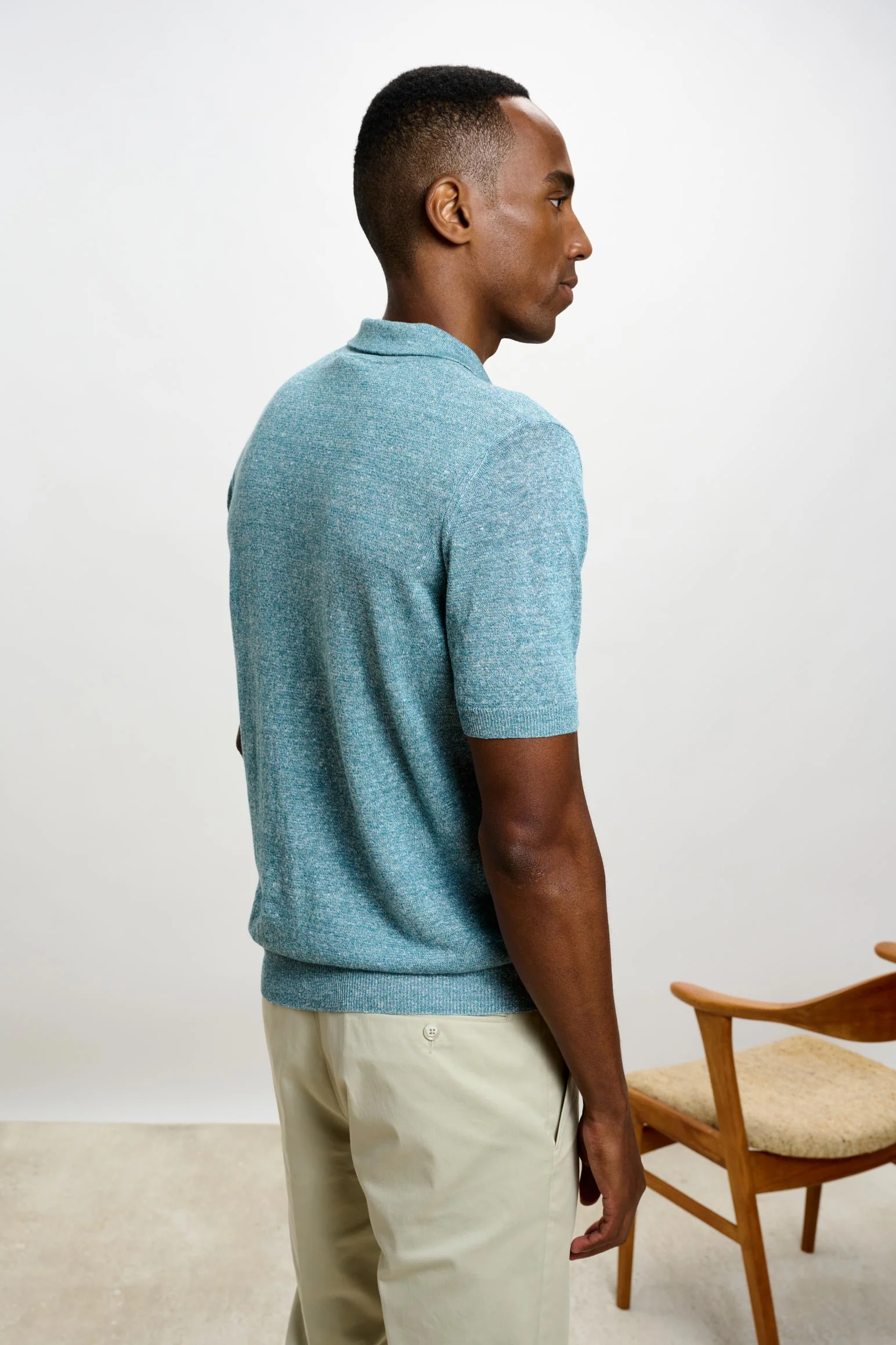 Turquoise Blue Silk Knitted Short Sleeve Open Collar Cawdor Polo Shirt - Image 4