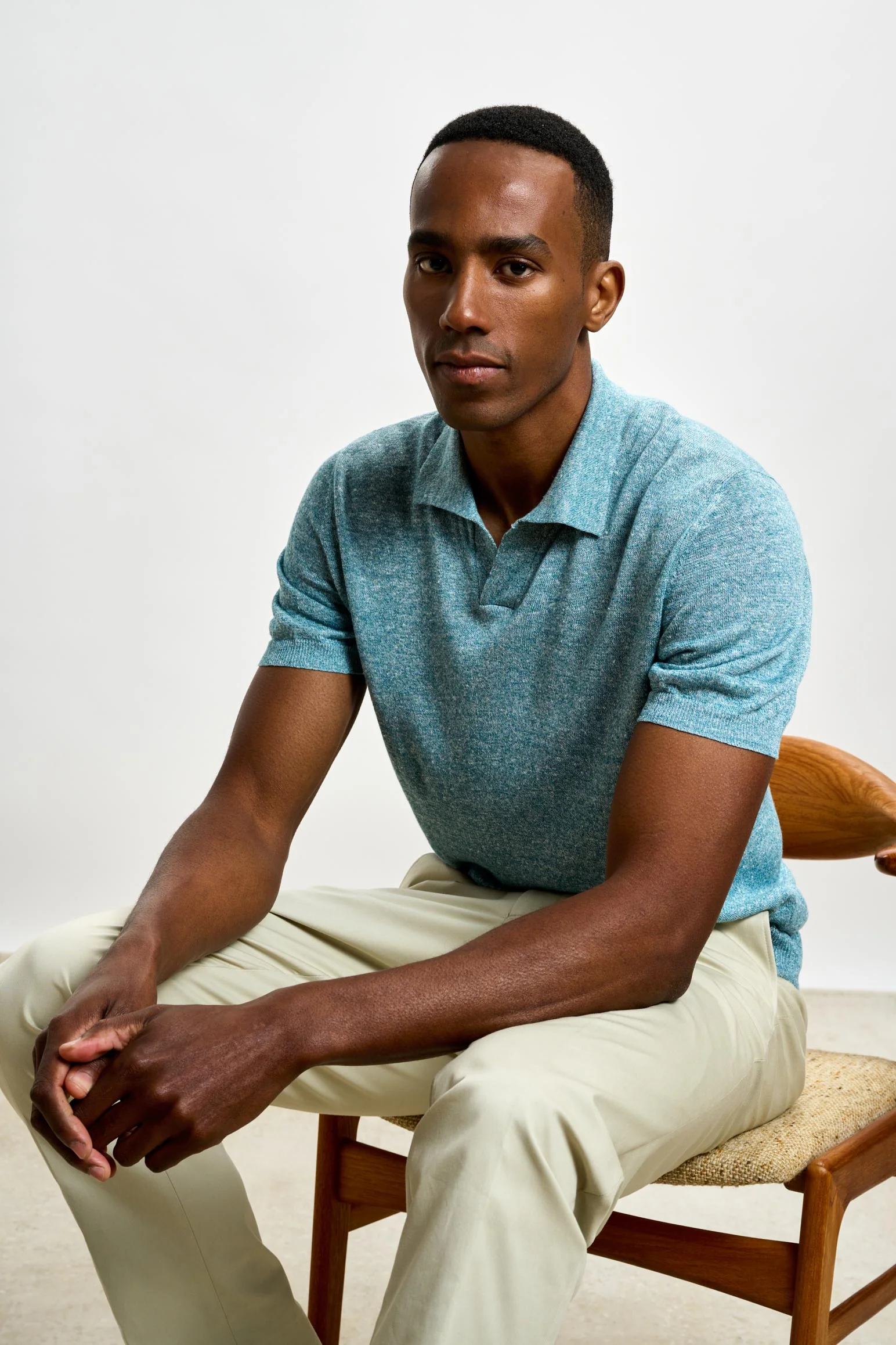 Turquoise Blue Silk Knitted Short Sleeve Open Collar Cawdor Polo Shirt - Image 6