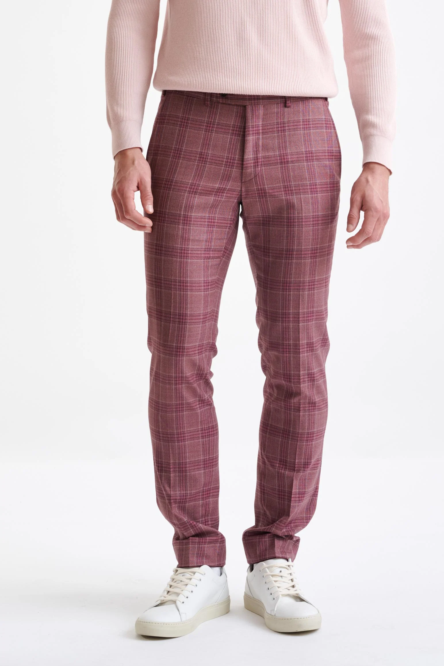 Pink Check Burgundy Super 130's Wool Farley Trousers Mosaic