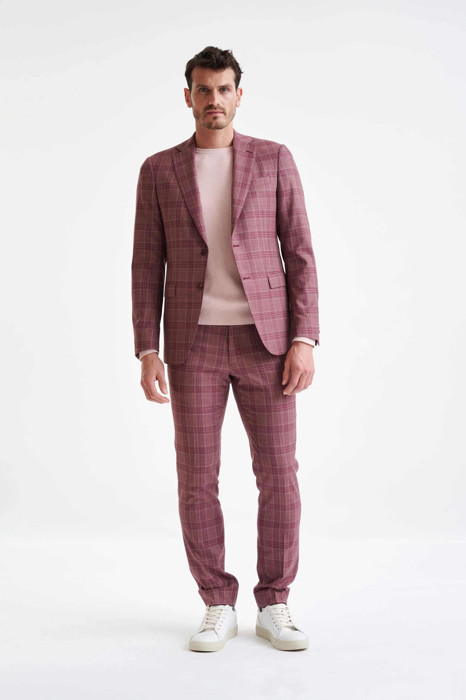 Pink Burgundy Check Super 130's Wool Soho Suit Mosaic
