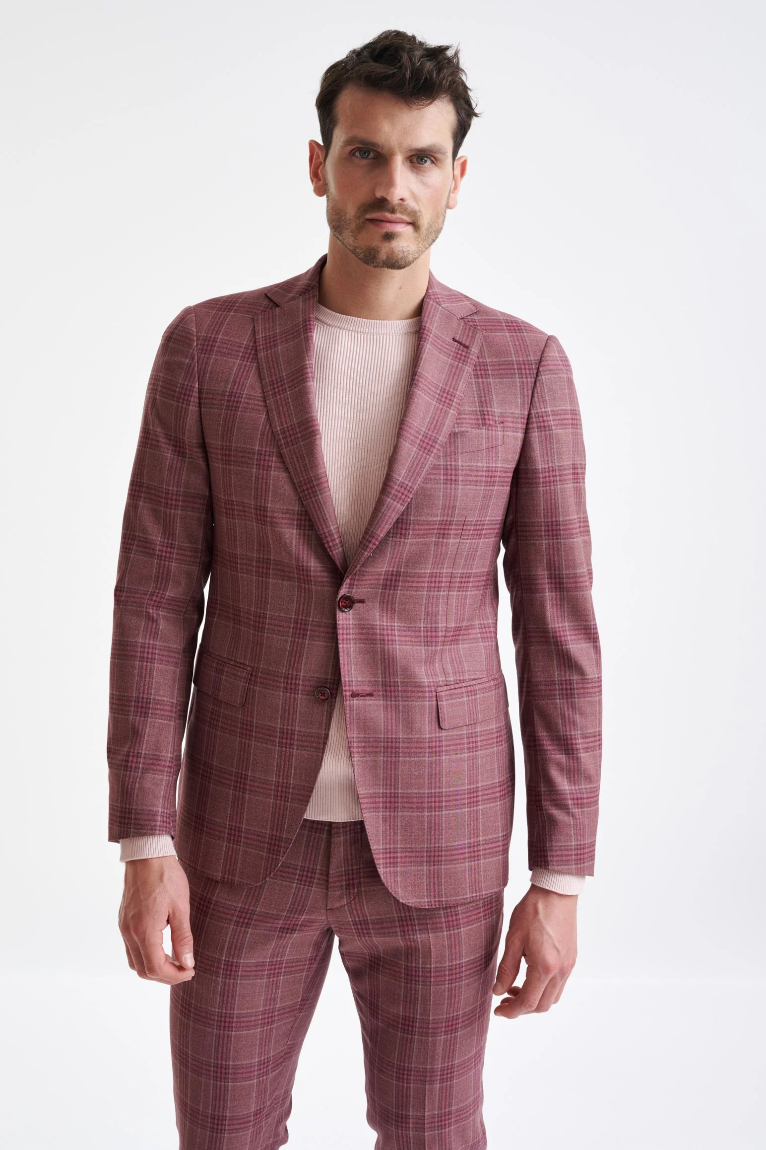 Pink Burgundy Check Super 130's Wool Soho Suit Mosaic - Image 5