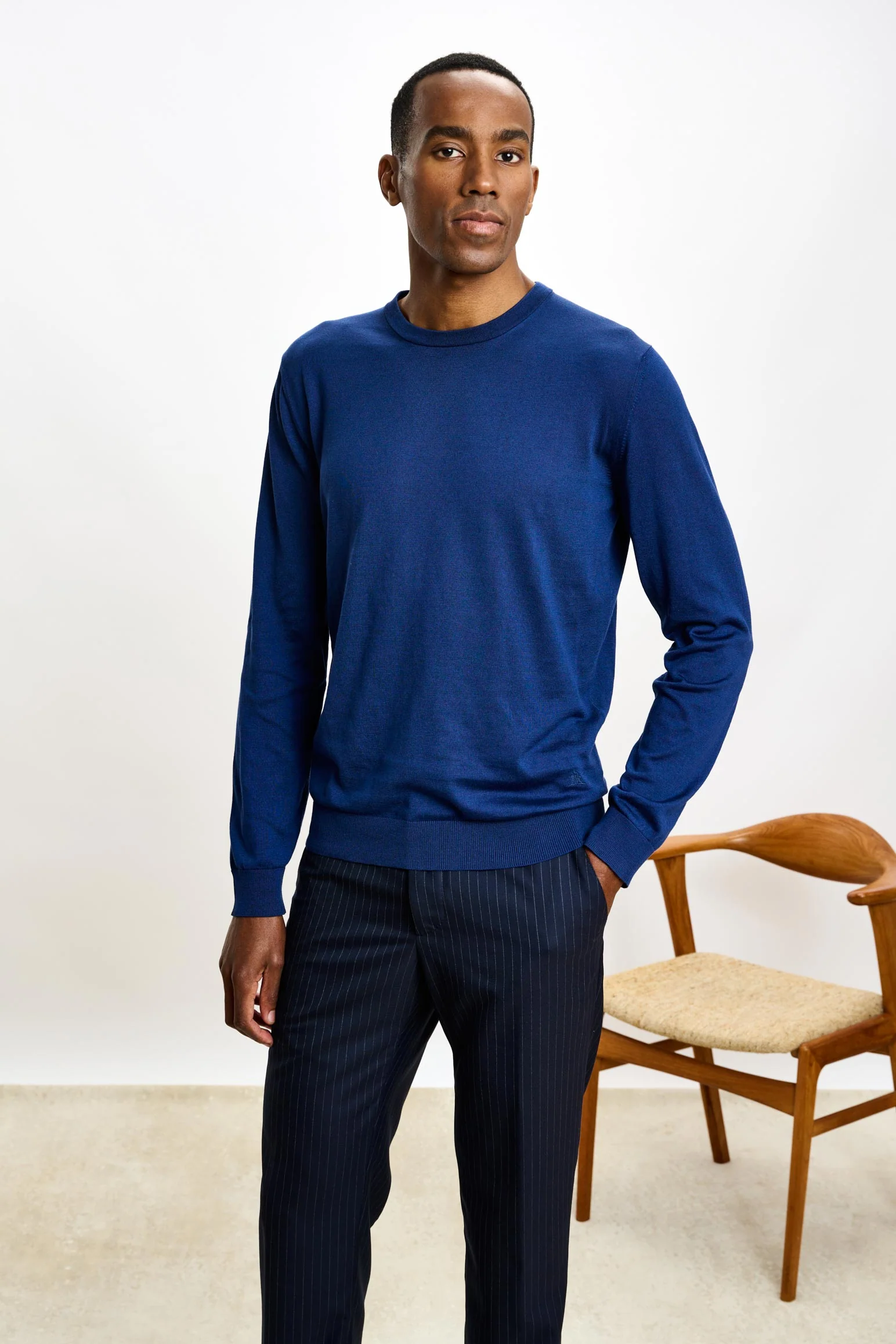 Ink Blue Silk Crewe Long Sleeve Sweater - Image 2