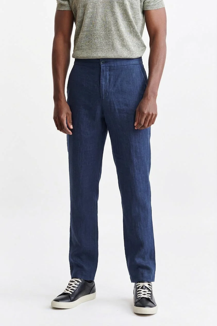 Dark Blue 100% Linen Drawstring Trousers Pure Linen