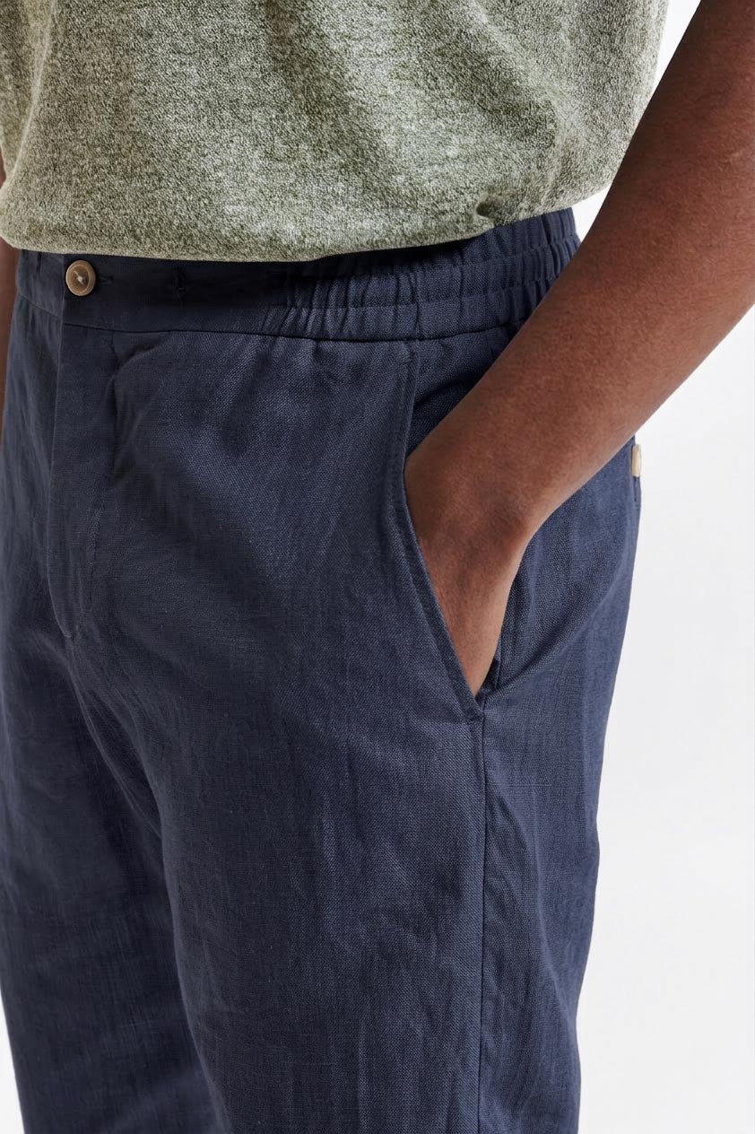 Dark Blue 100% Linen Drawstring Trousers Pure Linen - Image 2