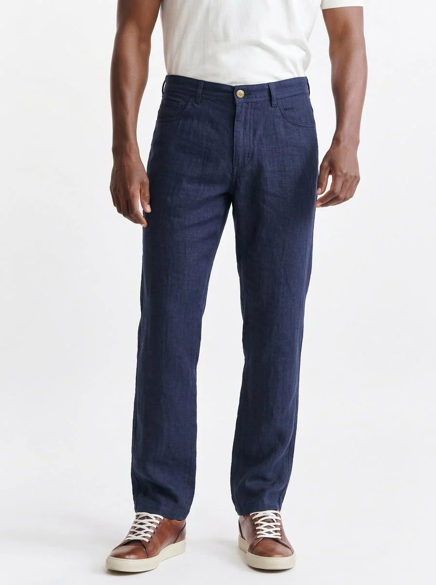 Dark Blue 100% Linen Five Pocket Trousers Pure Linen