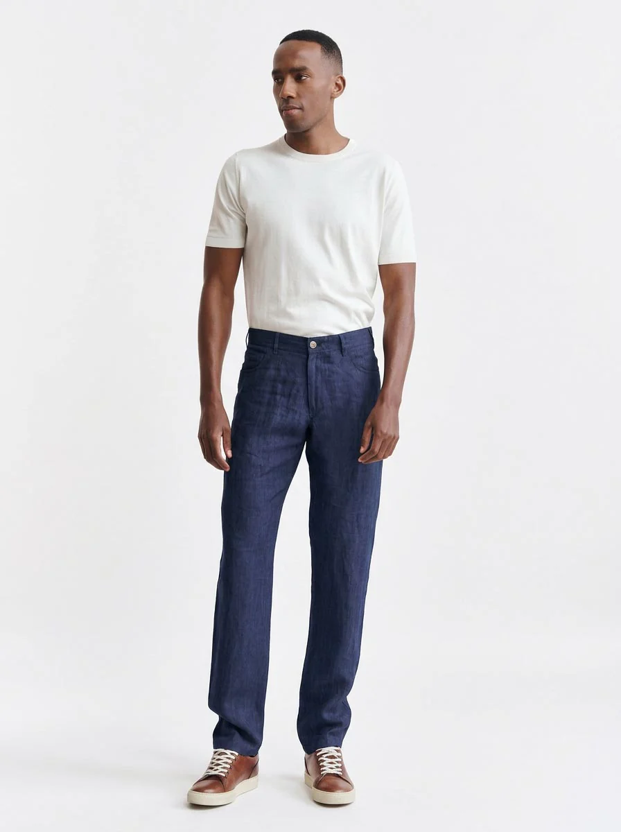 Dark Blue 100% Linen Five Pocket Trousers Pure Linen - Image 2