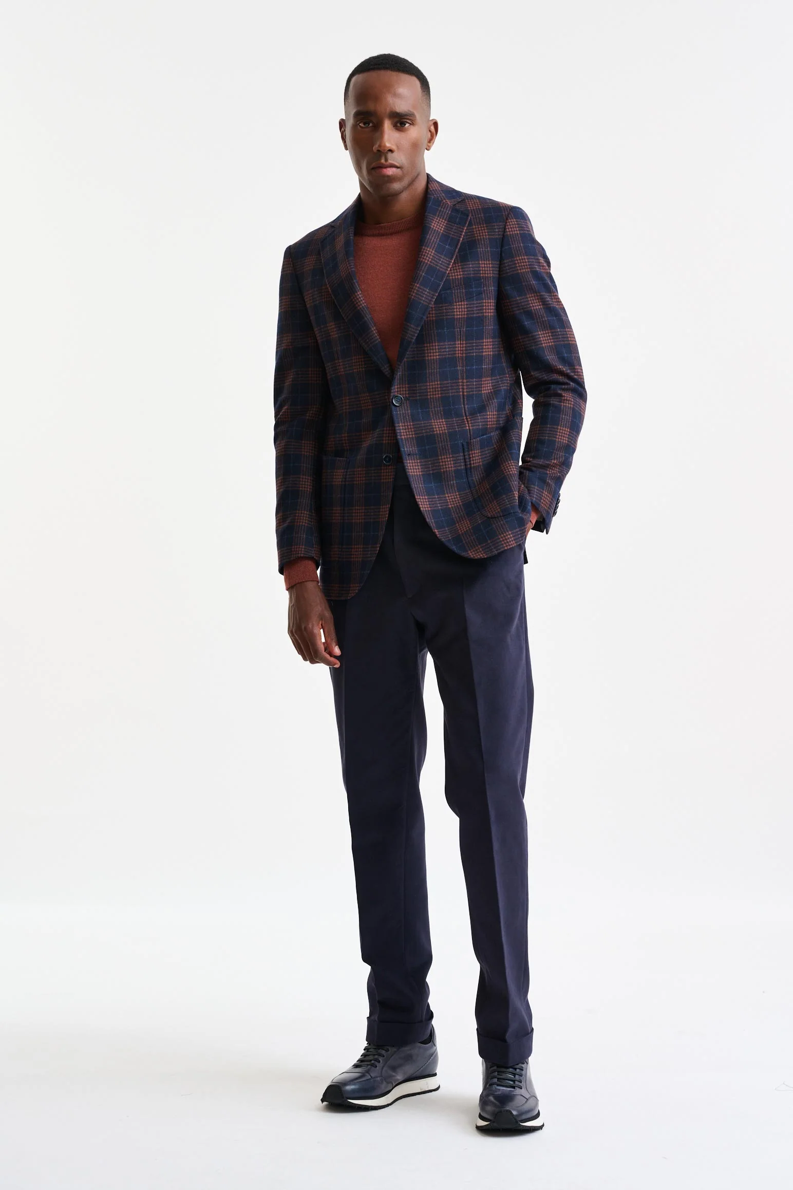 Dark Blue Check Wool & Cashmere Soho Jacket Autumn Leaves - Image 5