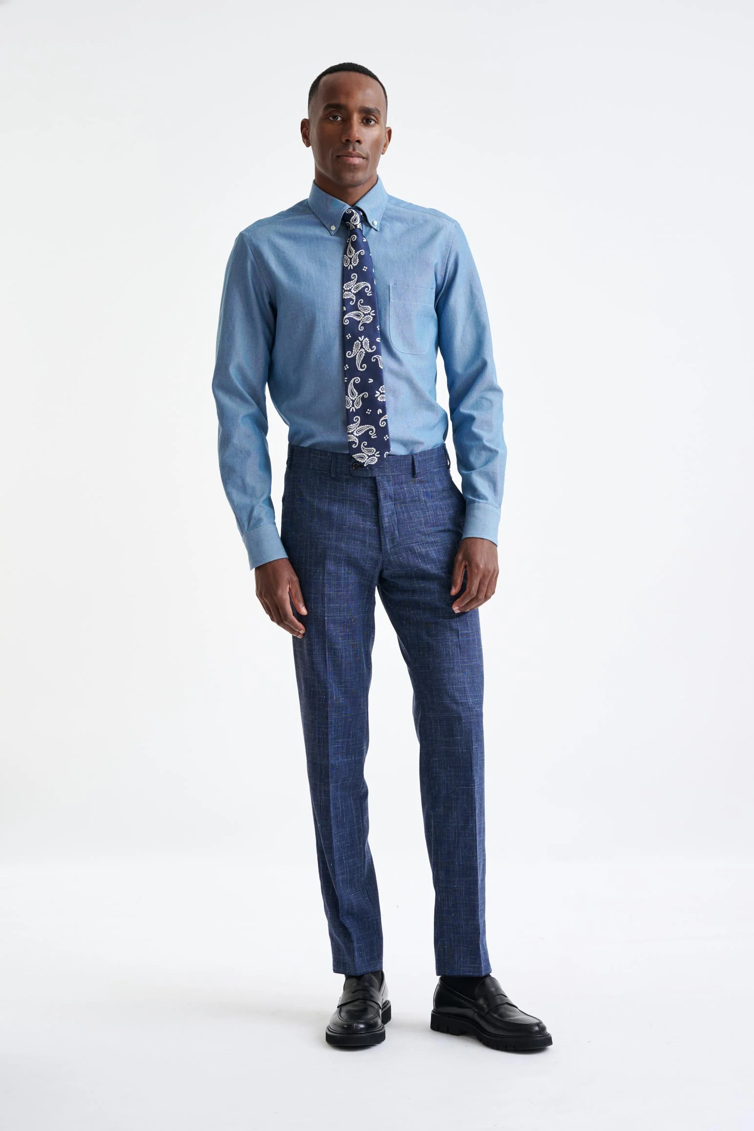 Dark Blue Wool & Linen Farley Trousers Lifestyle