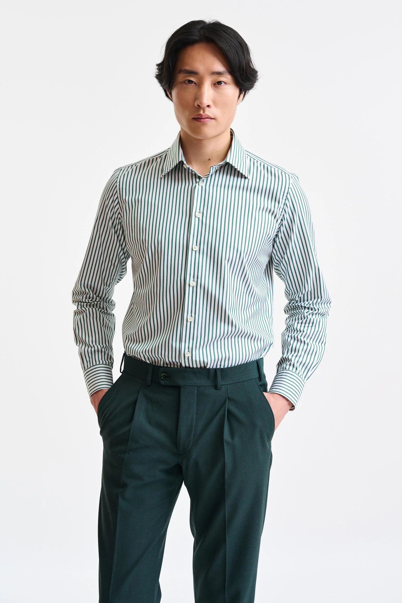 Green & White Stripped 100% Cotton Twill Formal Shirt
