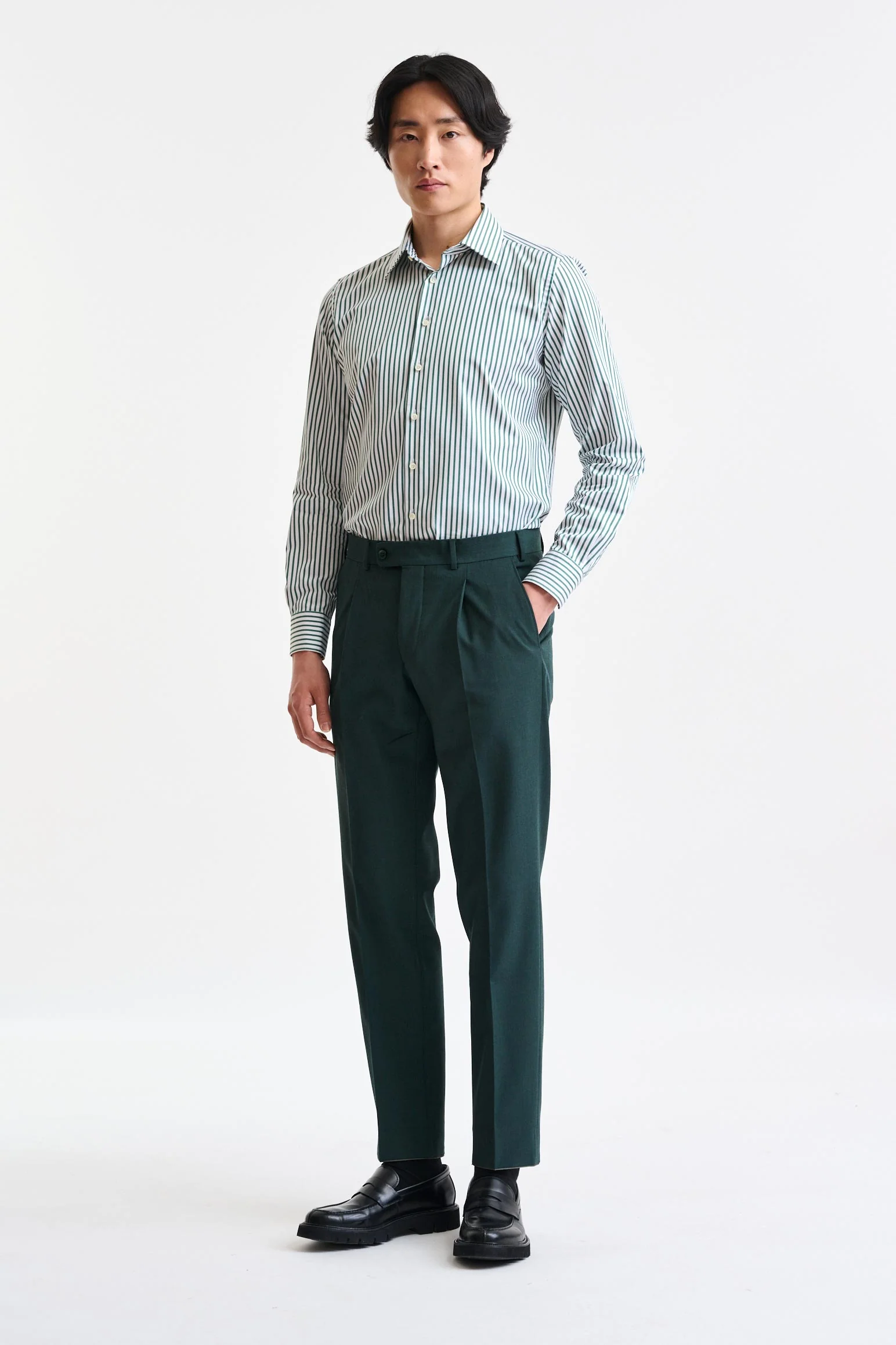 Green & White Stripped 100% Cotton Twill Formal Shirt - Image 4