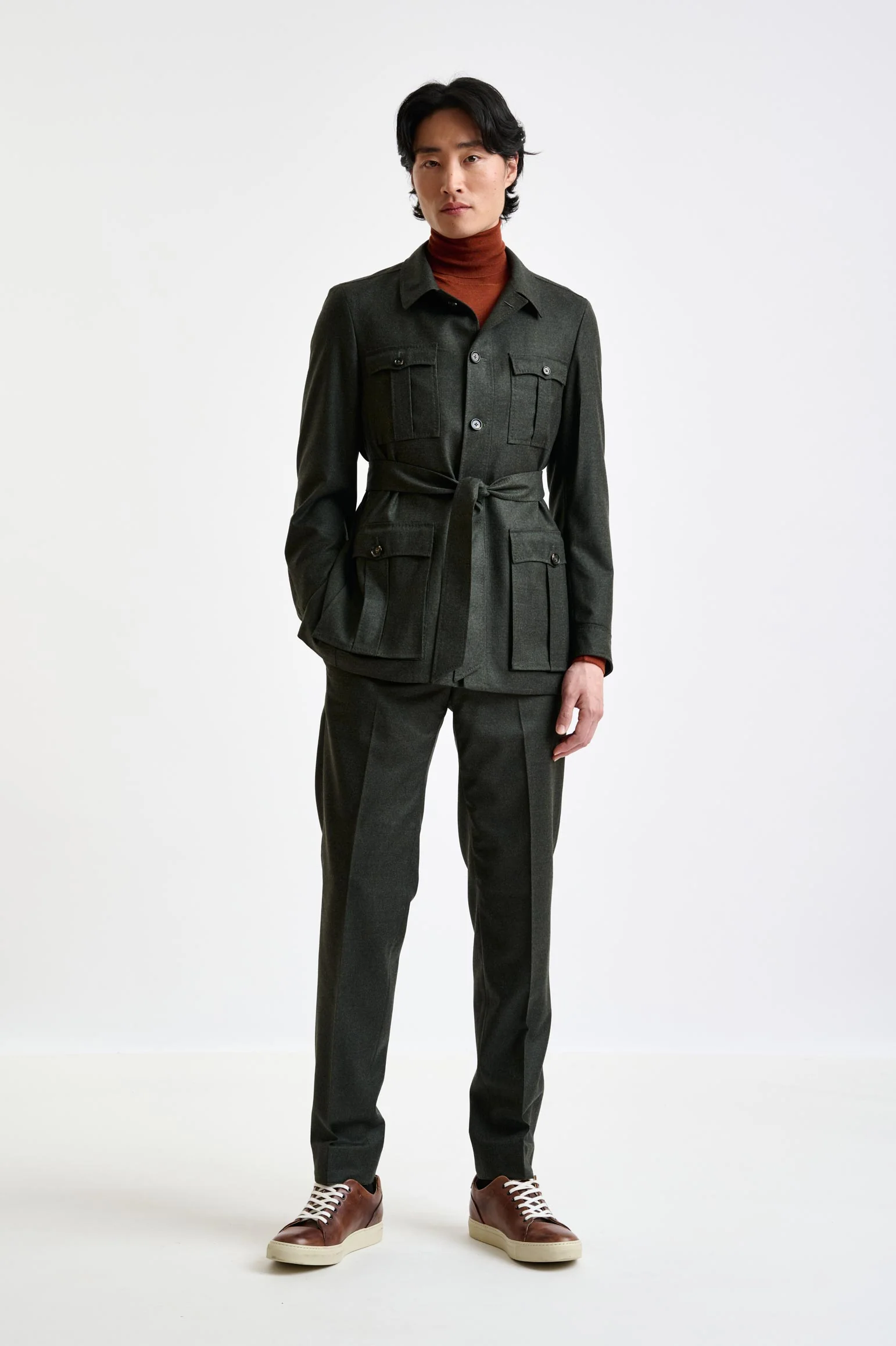 Green Super 100's Wool Safari Jacket Flannel Saxony - Image 3
