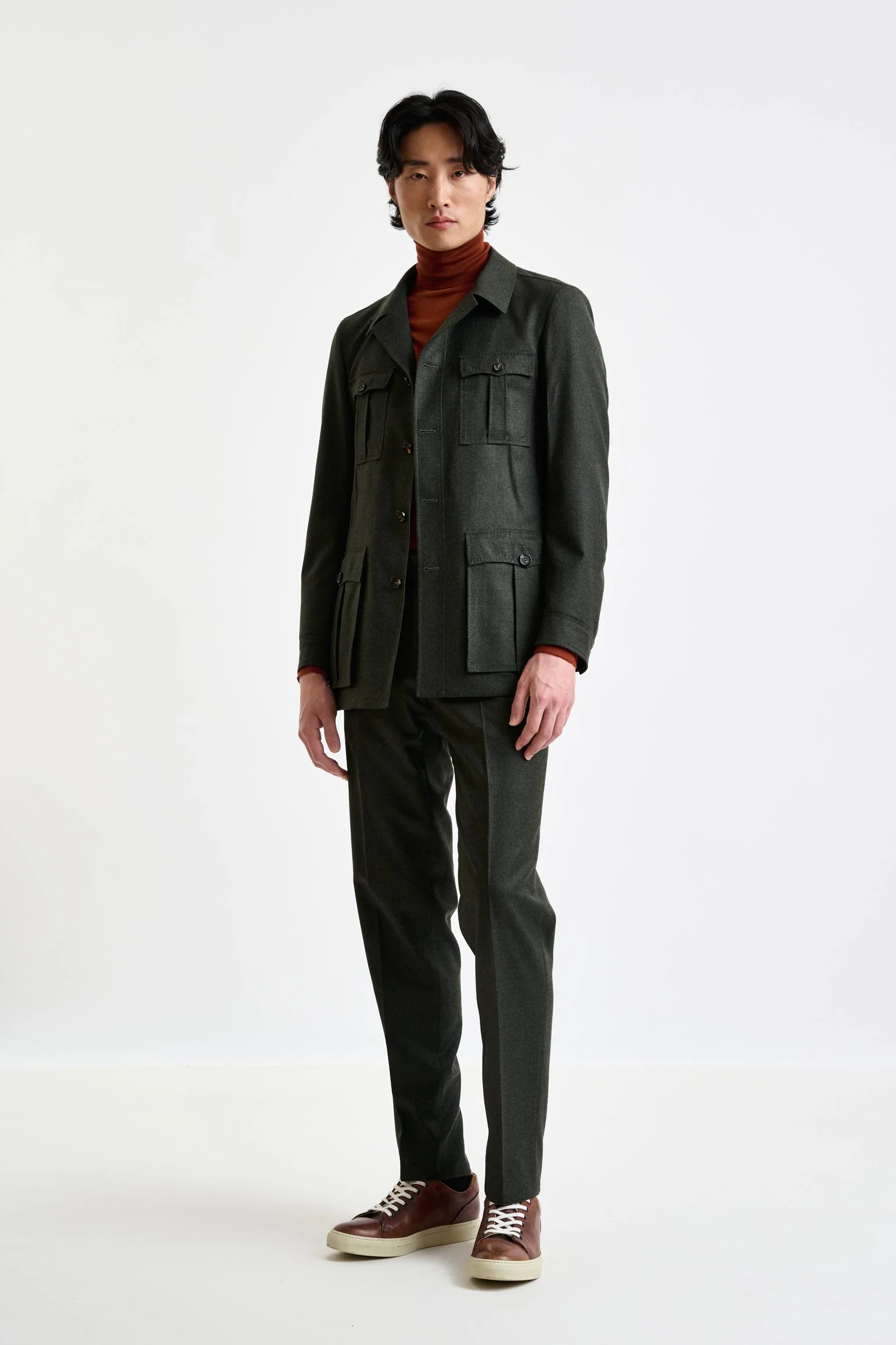 Green Super 100's Wool Safari Jacket Flannel Saxony - Image 6