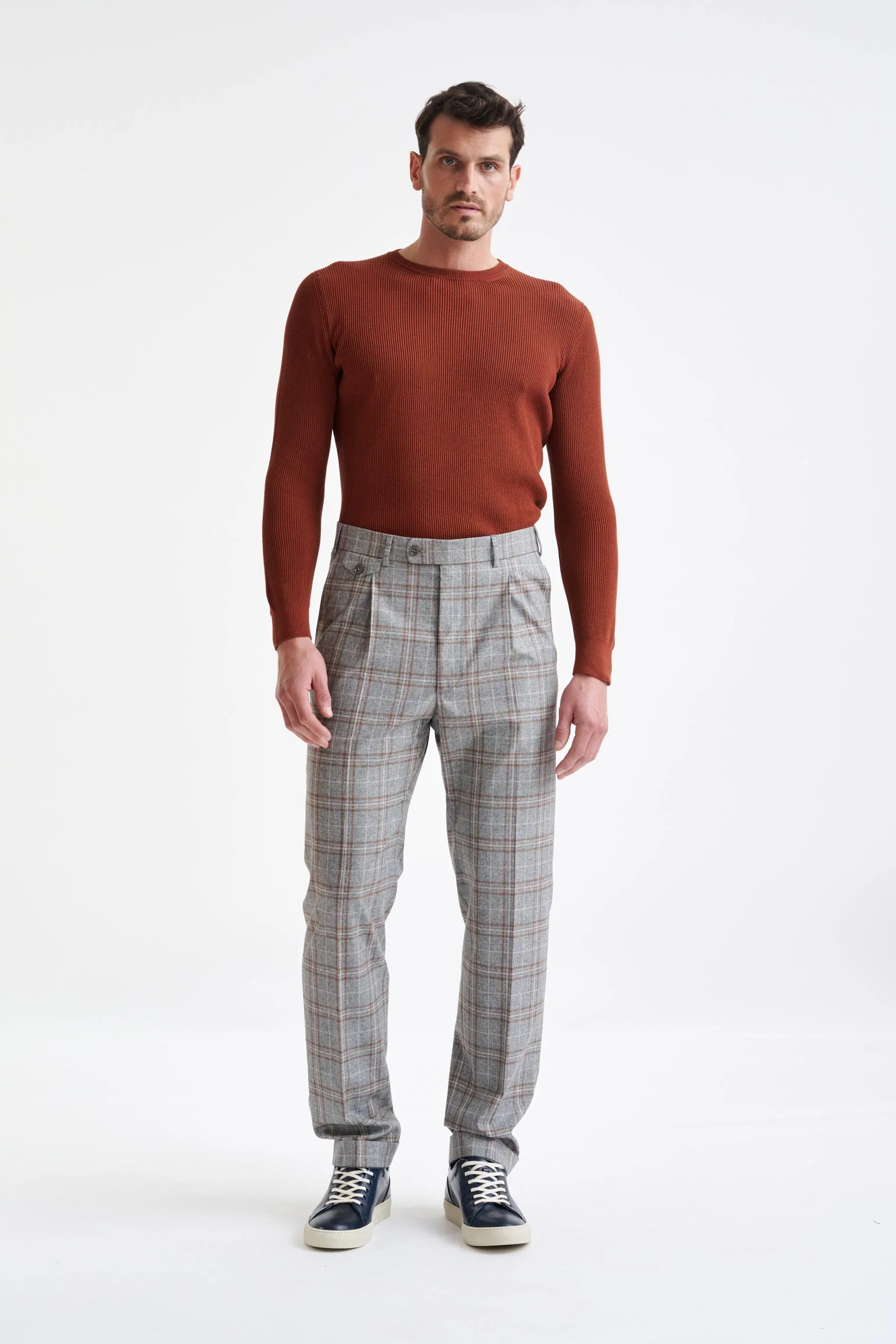 Grey Brown Check Wool & Cotton Farley Trousers Lifestyle - Image 2