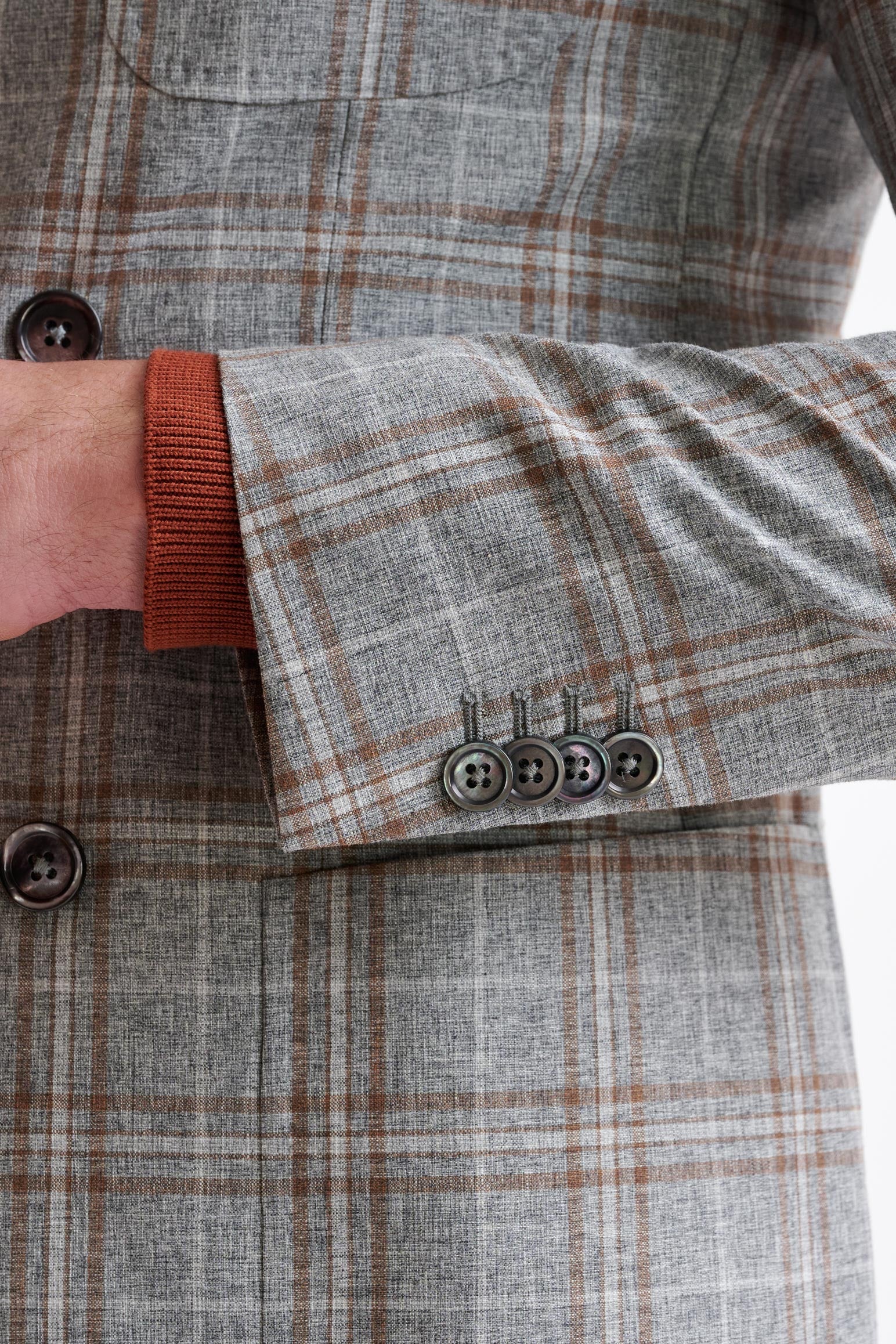 Grey Brown Check Wool & Cotton Silk Kenton Suit Lifestyle - Image 2