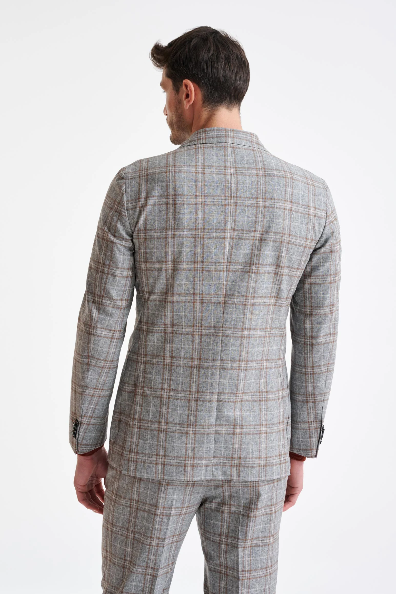 Grey Brown Check Wool & Cotton Silk Kenton Suit Lifestyle - Image 6