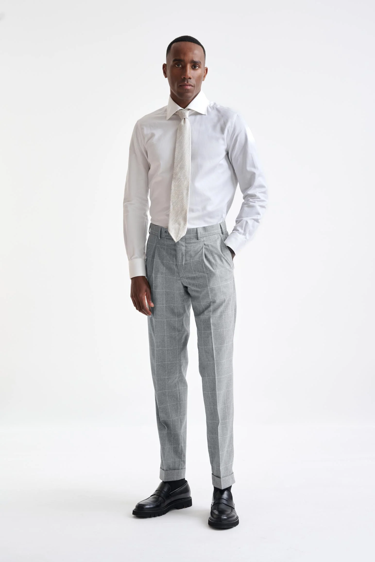 Grey Check Wool & Cotton Silk Kenton Suit Lifestyle - Image 6