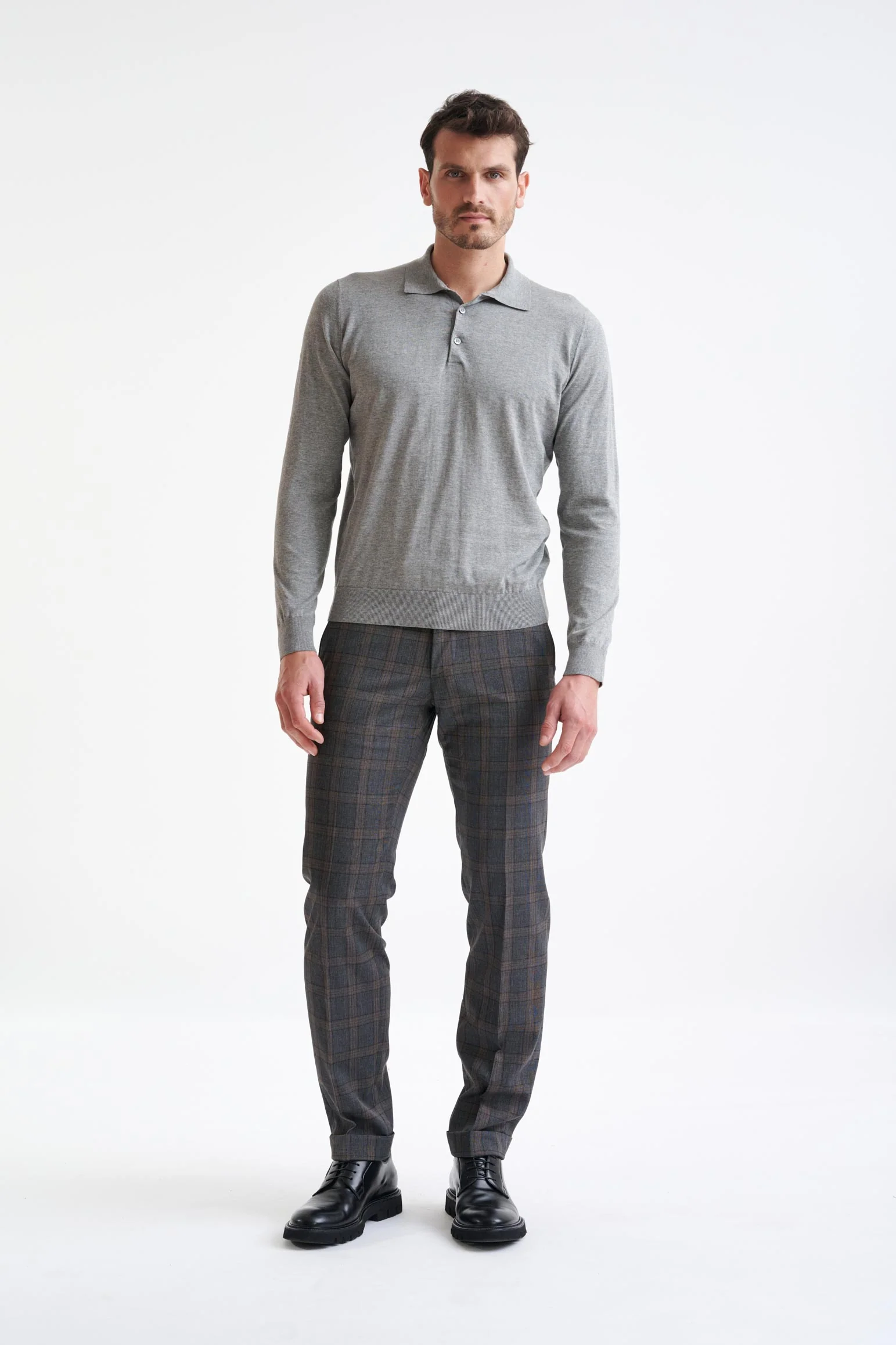 Grey Cotton Harwich Long Sleeve Knitted Polo - Image 3