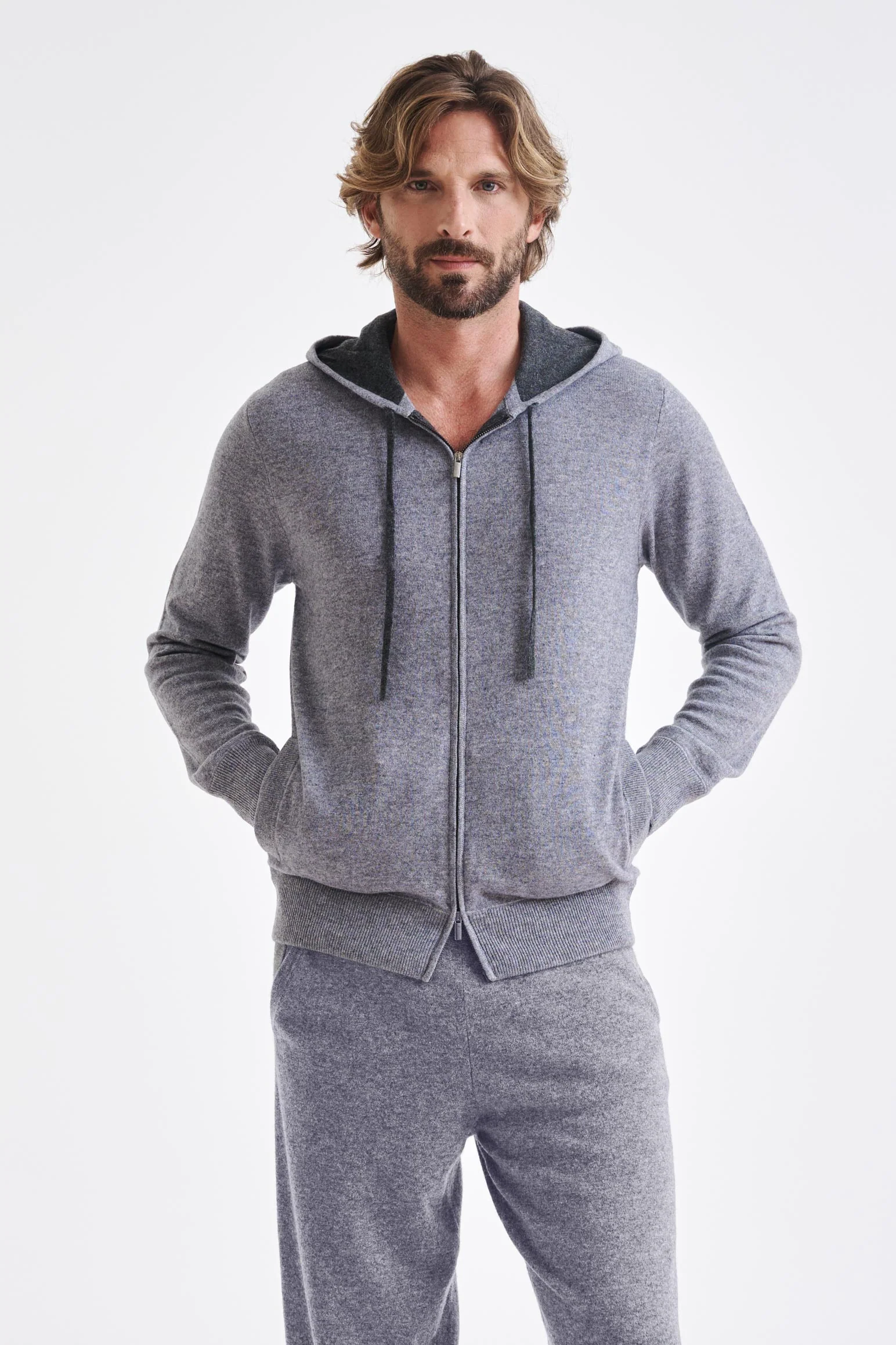 Grey Melange 100% Cashmere Fowey Zipped Hoodie Knit