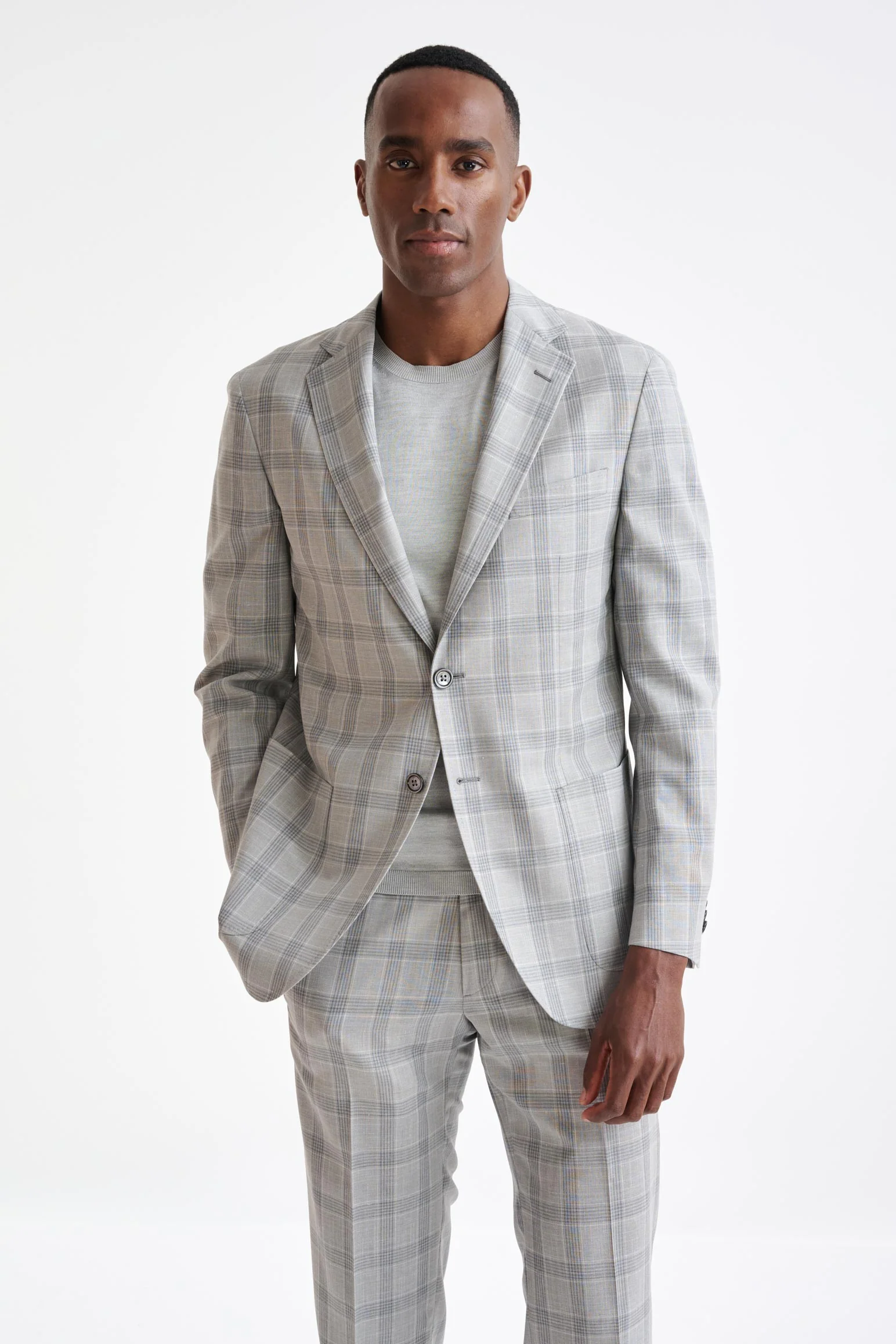 Grey & White Check Wool & Silk Kenton Suit Lifestyle - Image 6