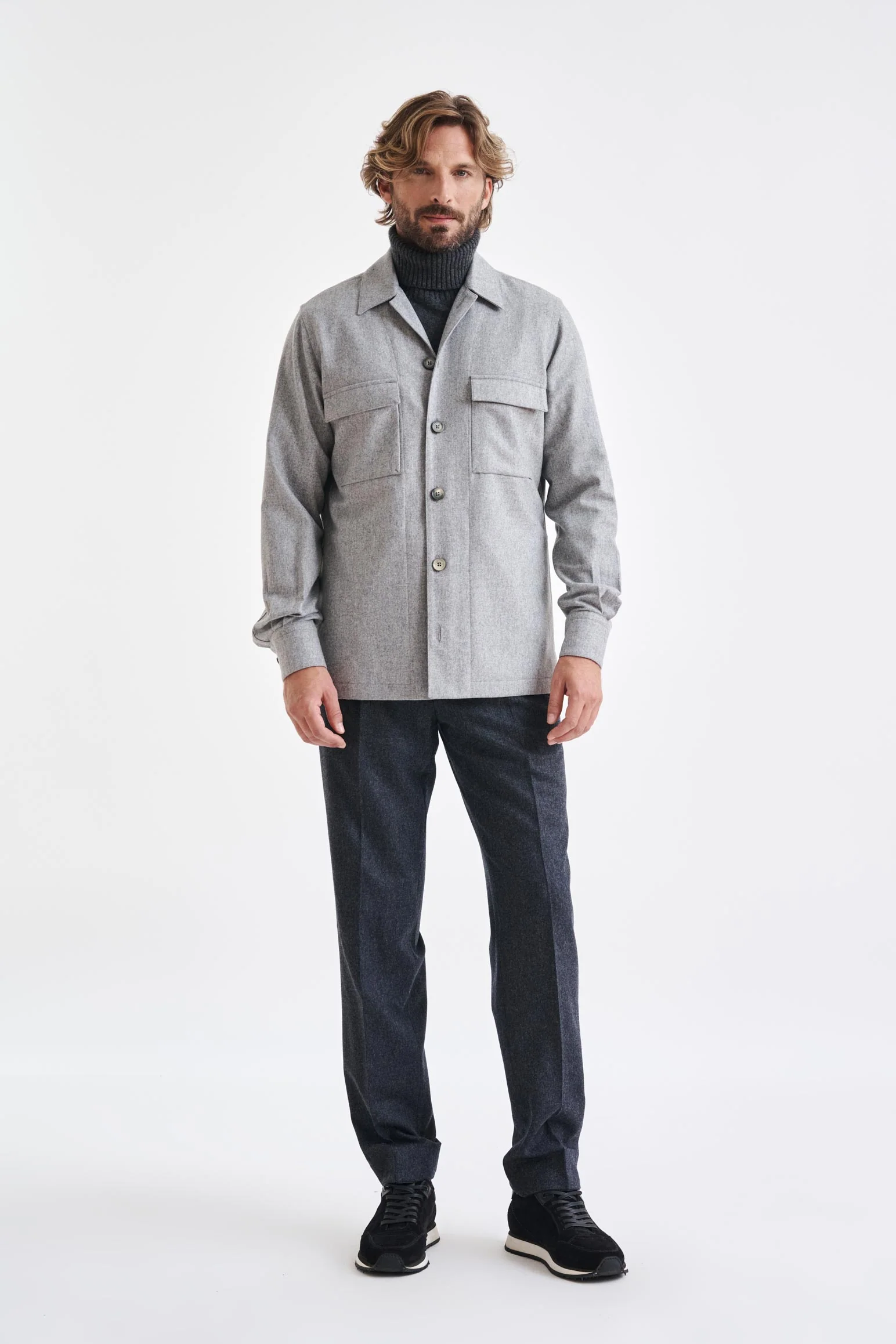 Grey Super 100's Wool Overshirt Flannel & Saxony
