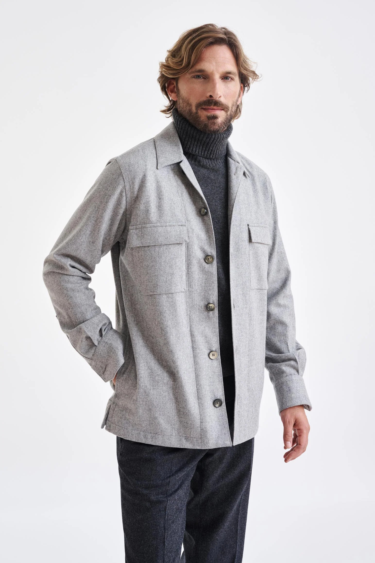 Grey Super 100's Wool Overshirt Flannel & Saxony - Image 4